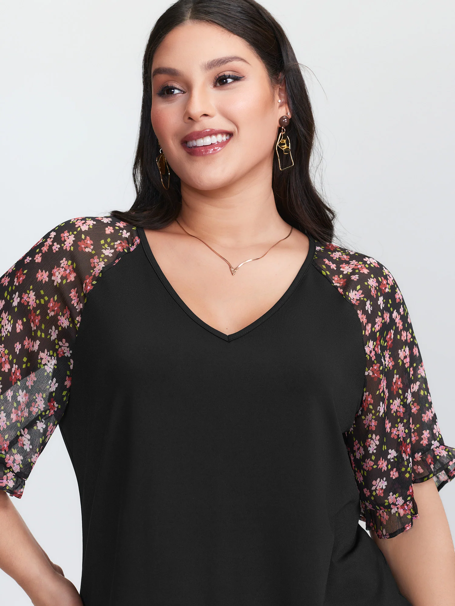 Sheer Floral Print Ruffled Cuff Sleeve Top - Image 2