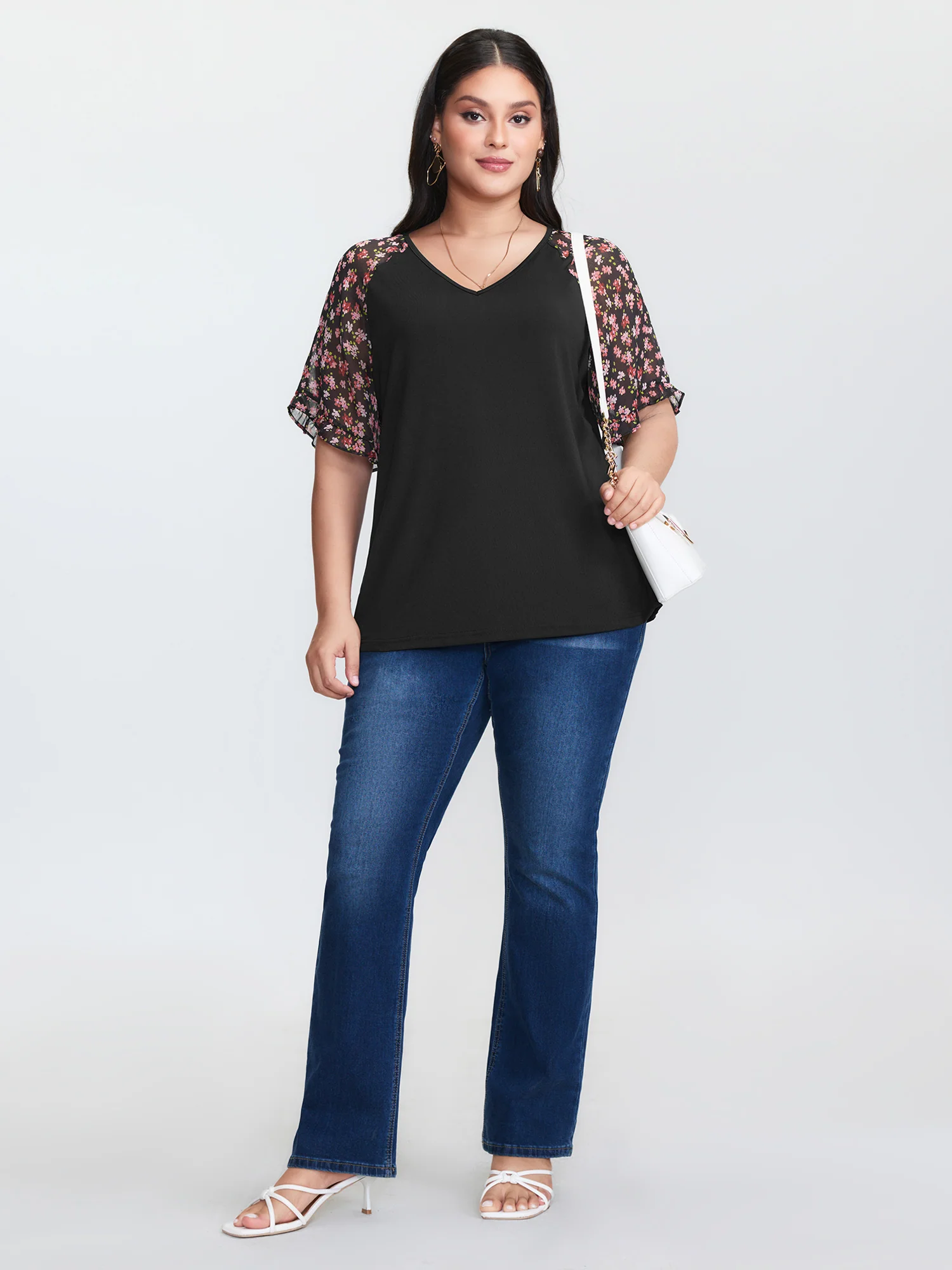Sheer Floral Print Ruffled Cuff Sleeve Top - Image 3