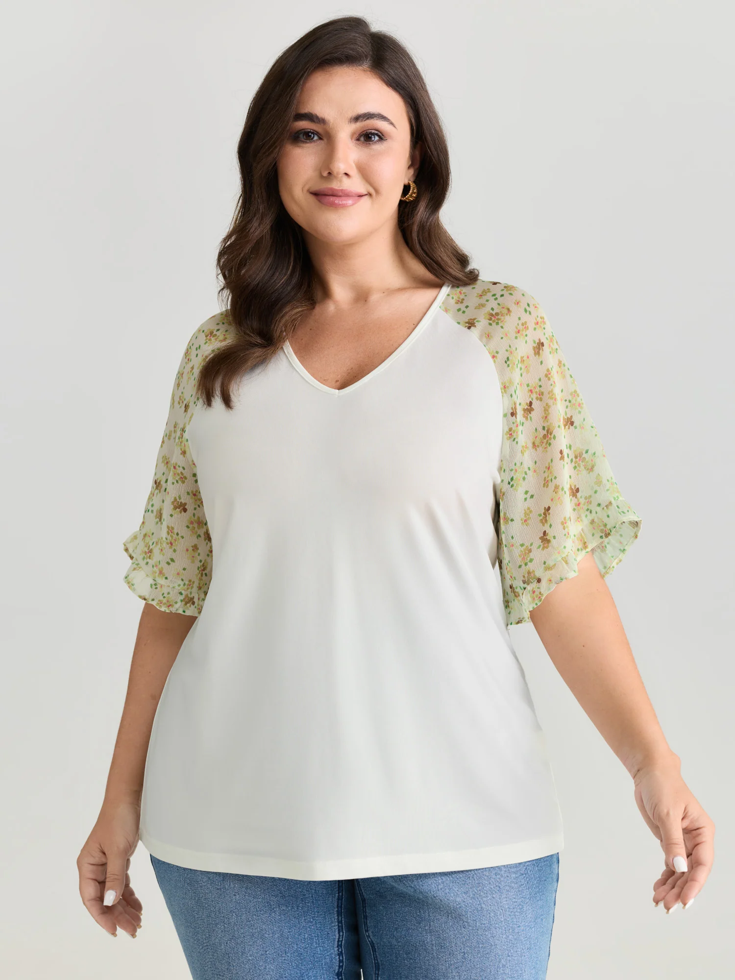 Sheer Floral Print Ruffled Cuff Sleeve Top - Image 7