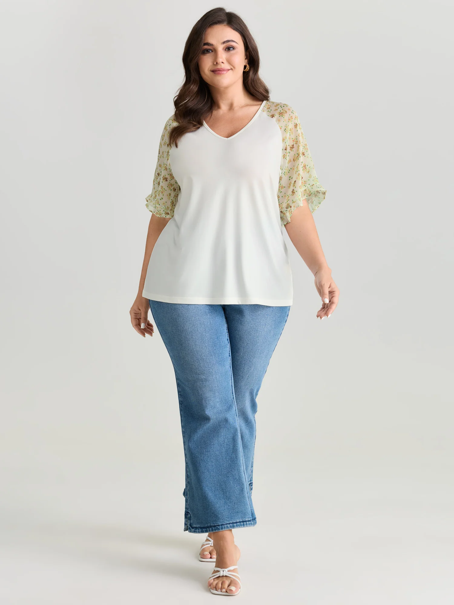 Sheer Floral Print Ruffled Cuff Sleeve Top - Image 9