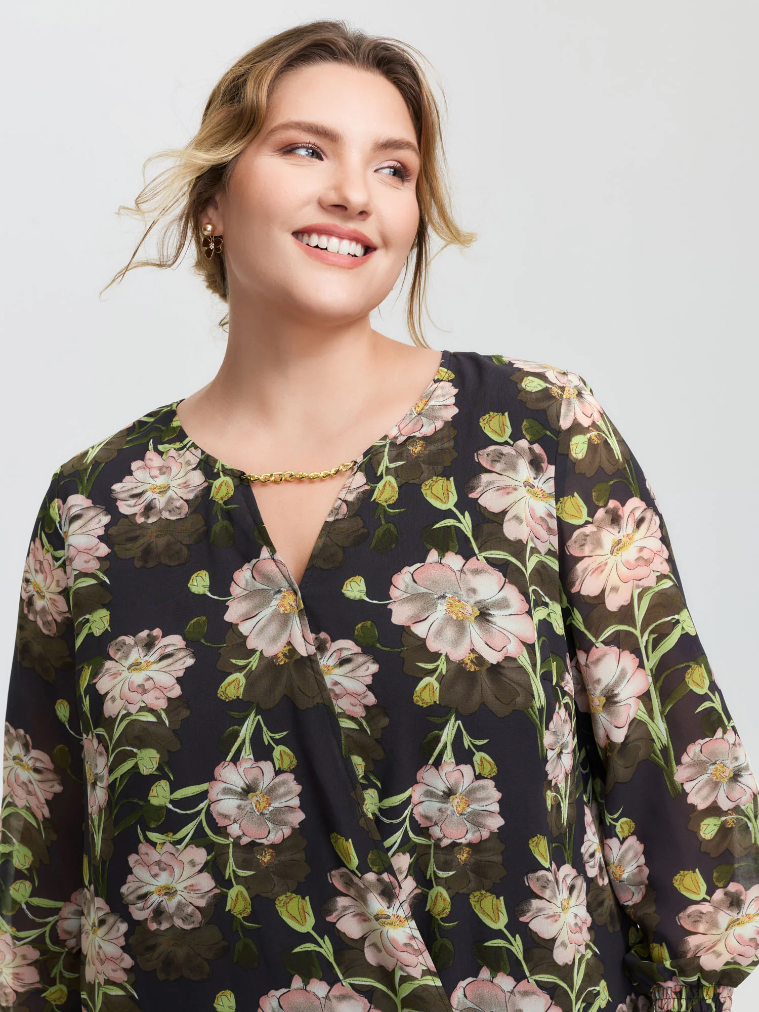 Sheer Floral Ruffled Cuff Metal Detail Blouse - Image 2