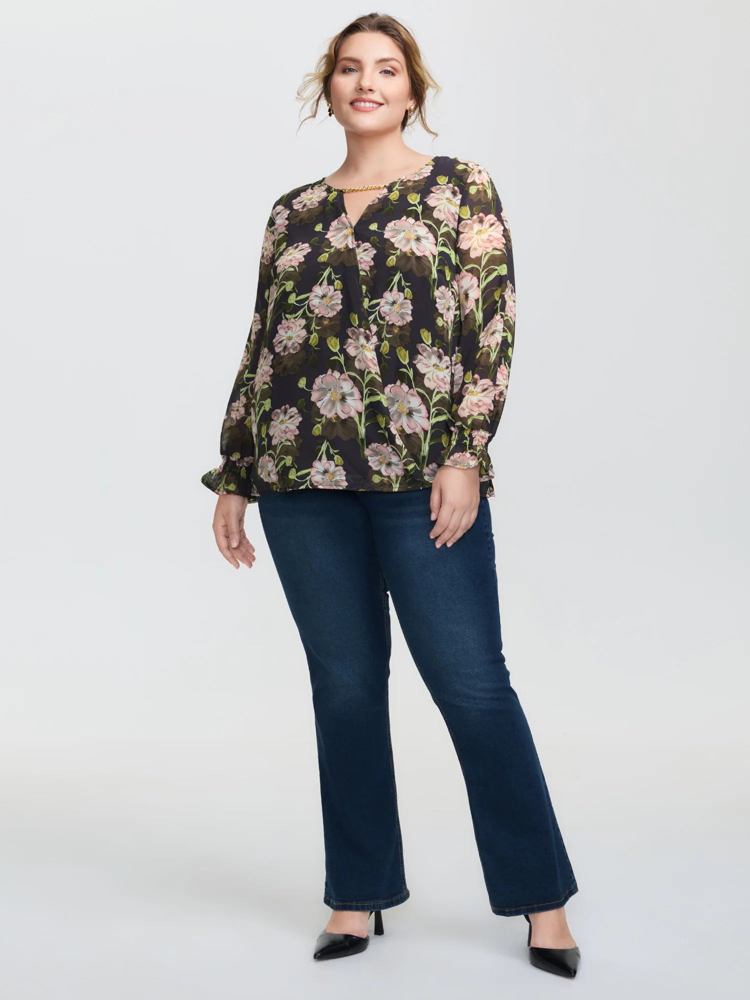 Sheer Floral Ruffled Cuff Metal Detail Blouse - Image 3