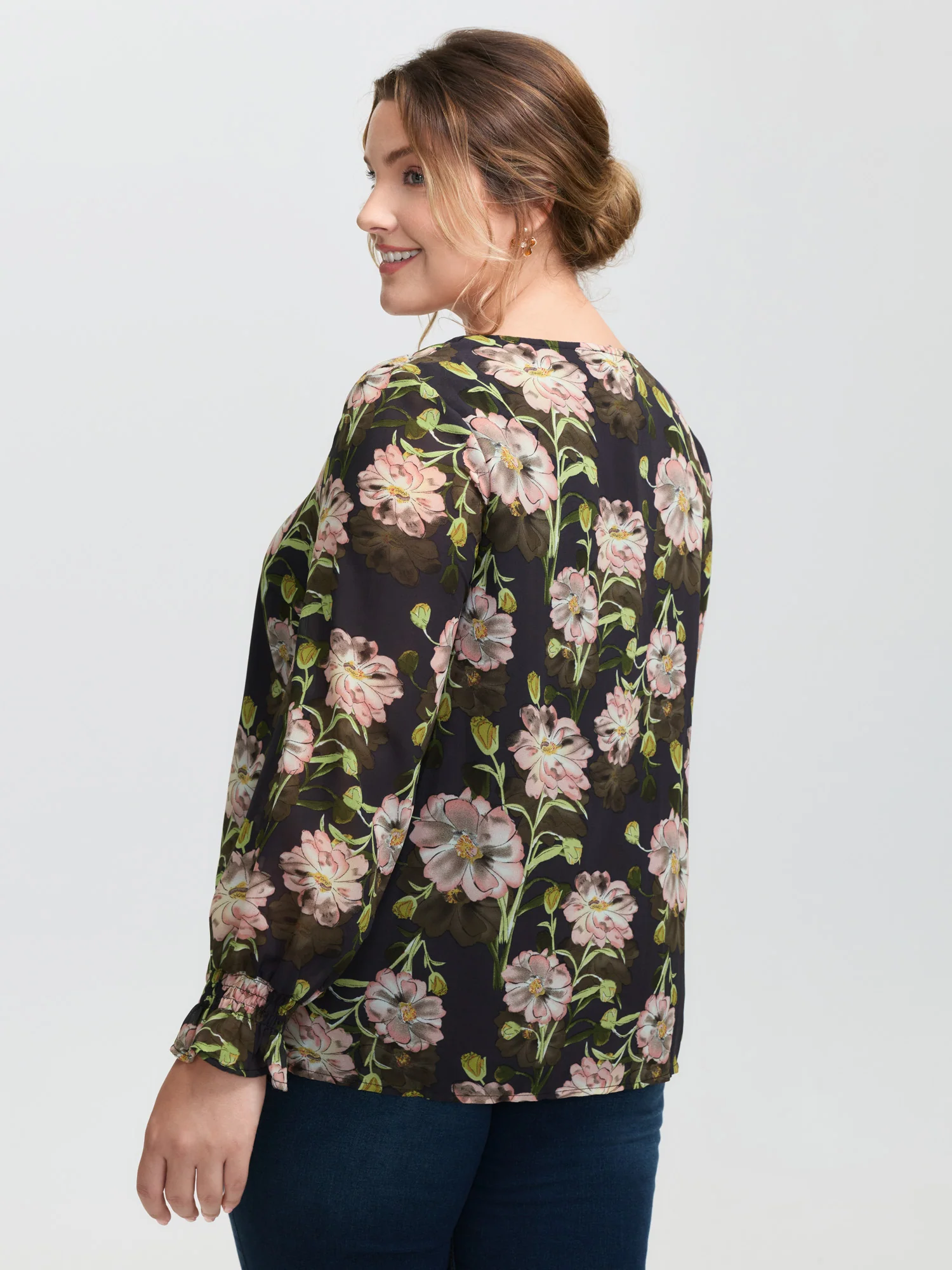 Sheer Floral Ruffled Cuff Metal Detail Blouse - Image 4