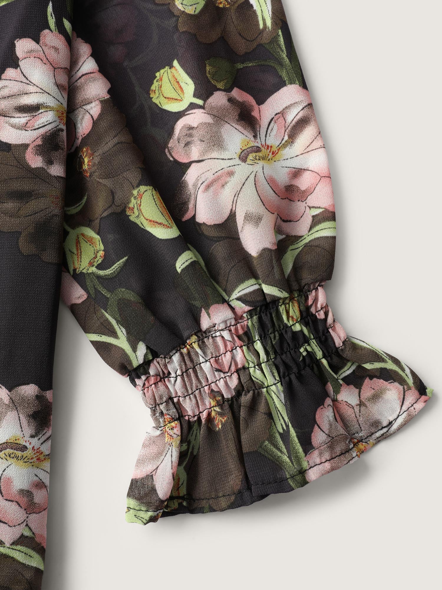 Sheer Floral Ruffled Cuff Metal Detail Blouse - Image 5