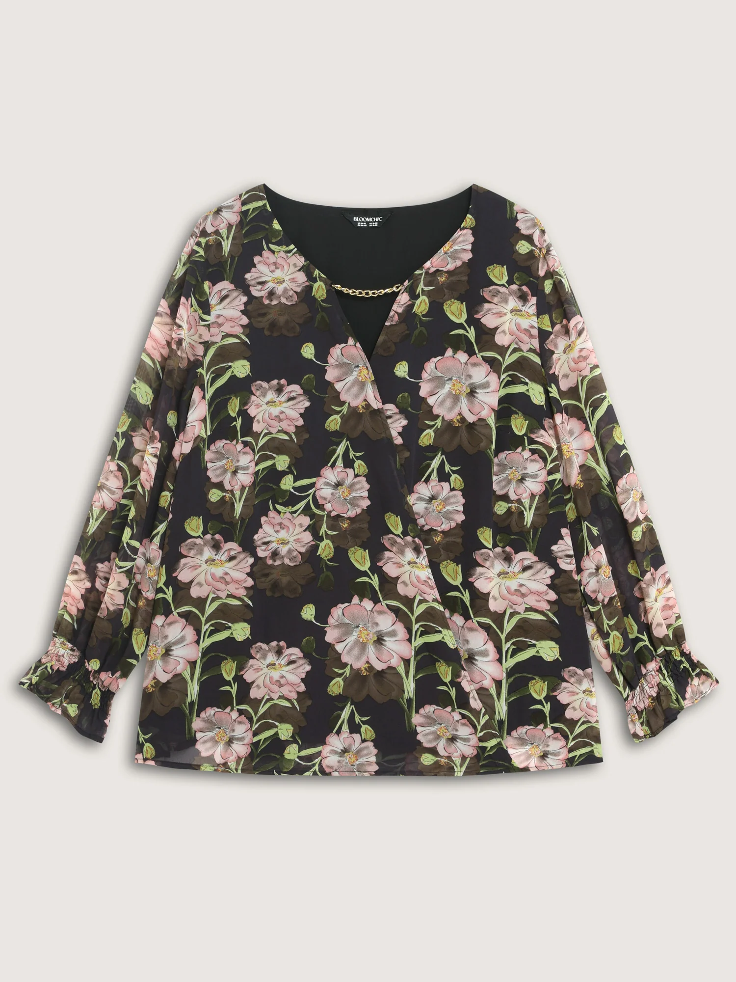 Sheer Floral Ruffled Cuff Metal Detail Blouse - Image 7