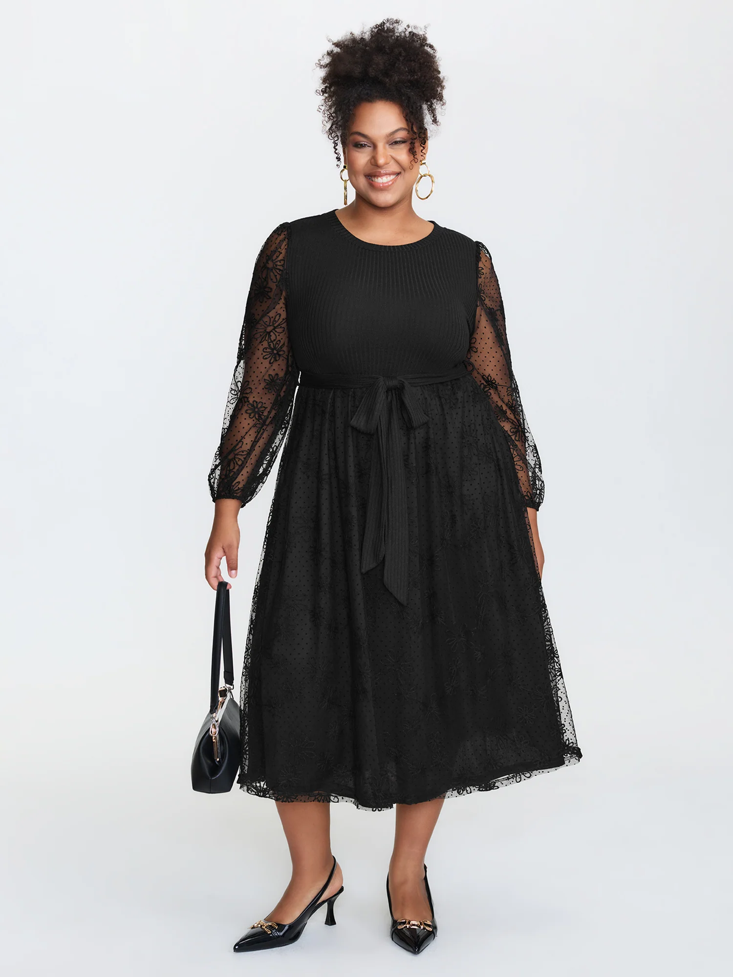 Sheer Floral Sleeve Belted Waist Midi Dress - Image 2