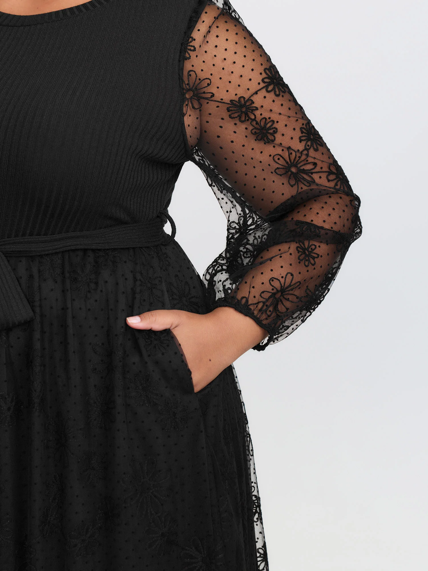 Sheer Floral Sleeve Belted Waist Midi Dress - Image 3