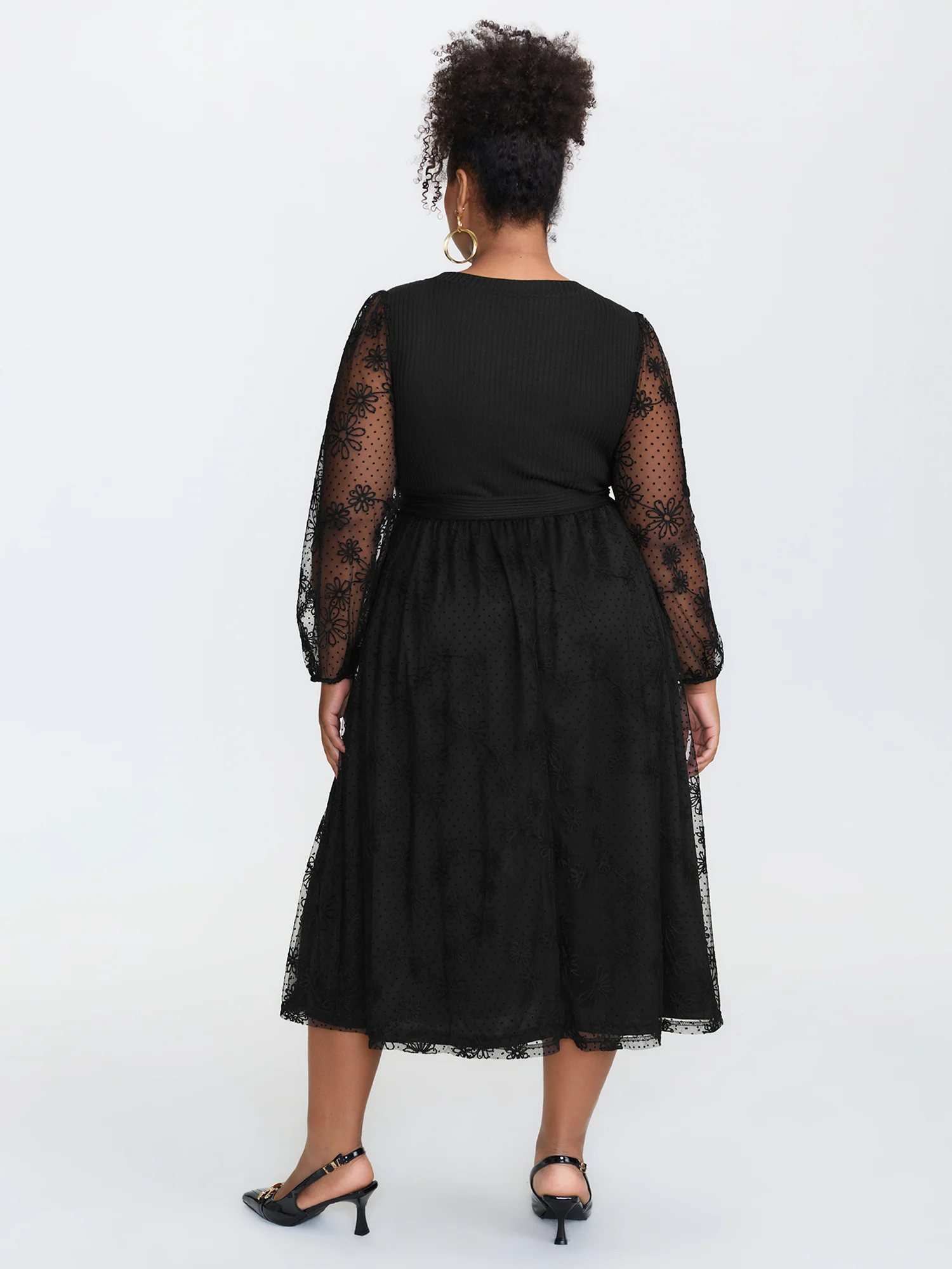 Sheer Floral Sleeve Belted Waist Midi Dress - Image 4