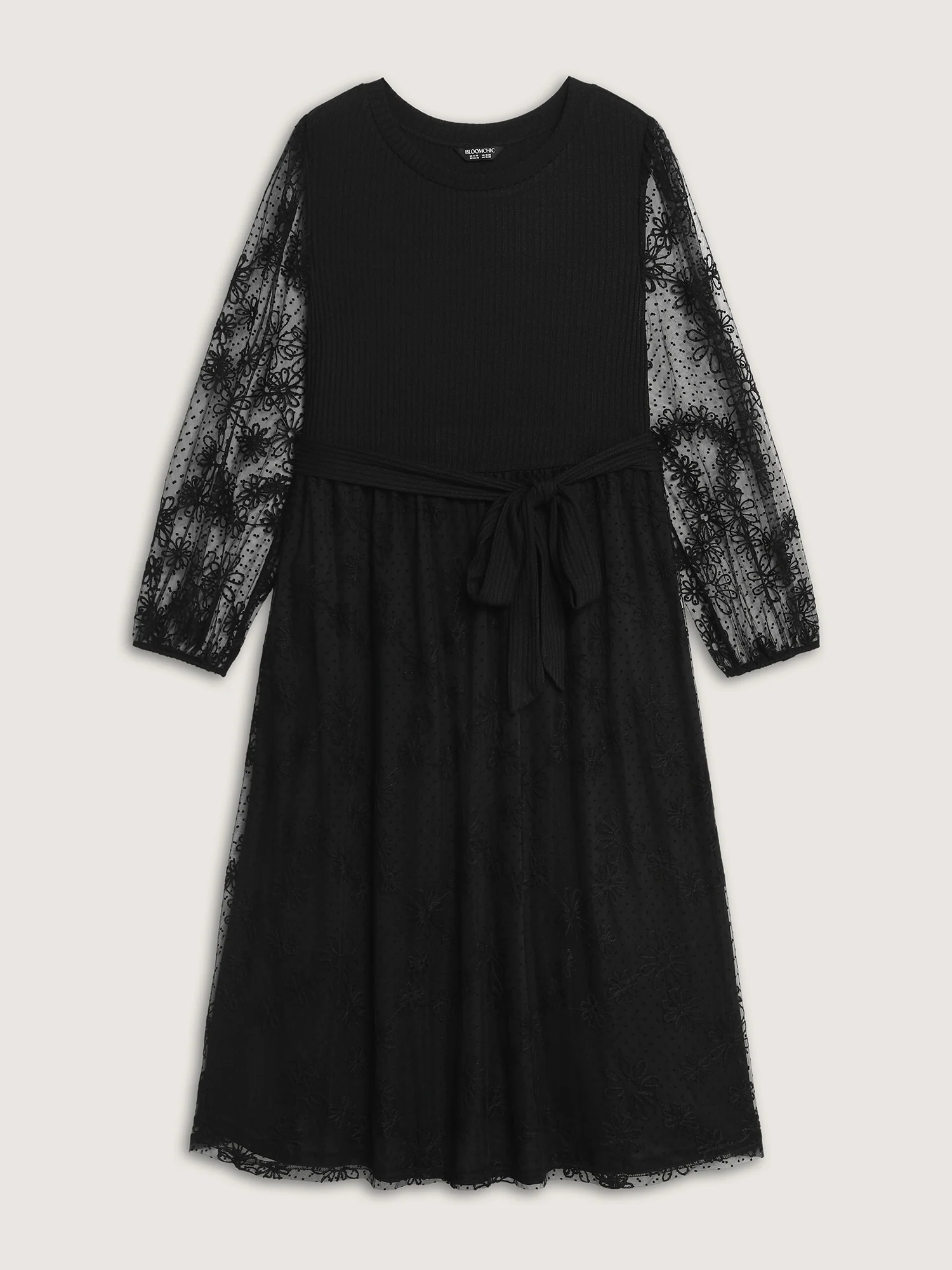 Sheer Floral Sleeve Belted Waist Midi Dress - Image 7