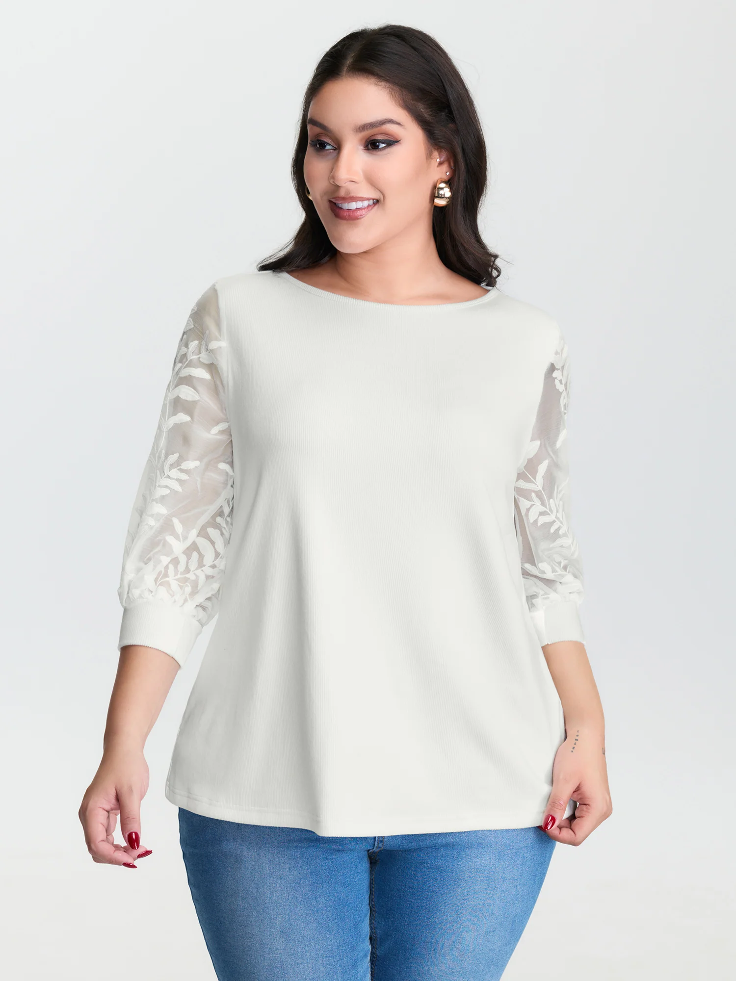 Sheer Floral Sleeve Spliced Blouse