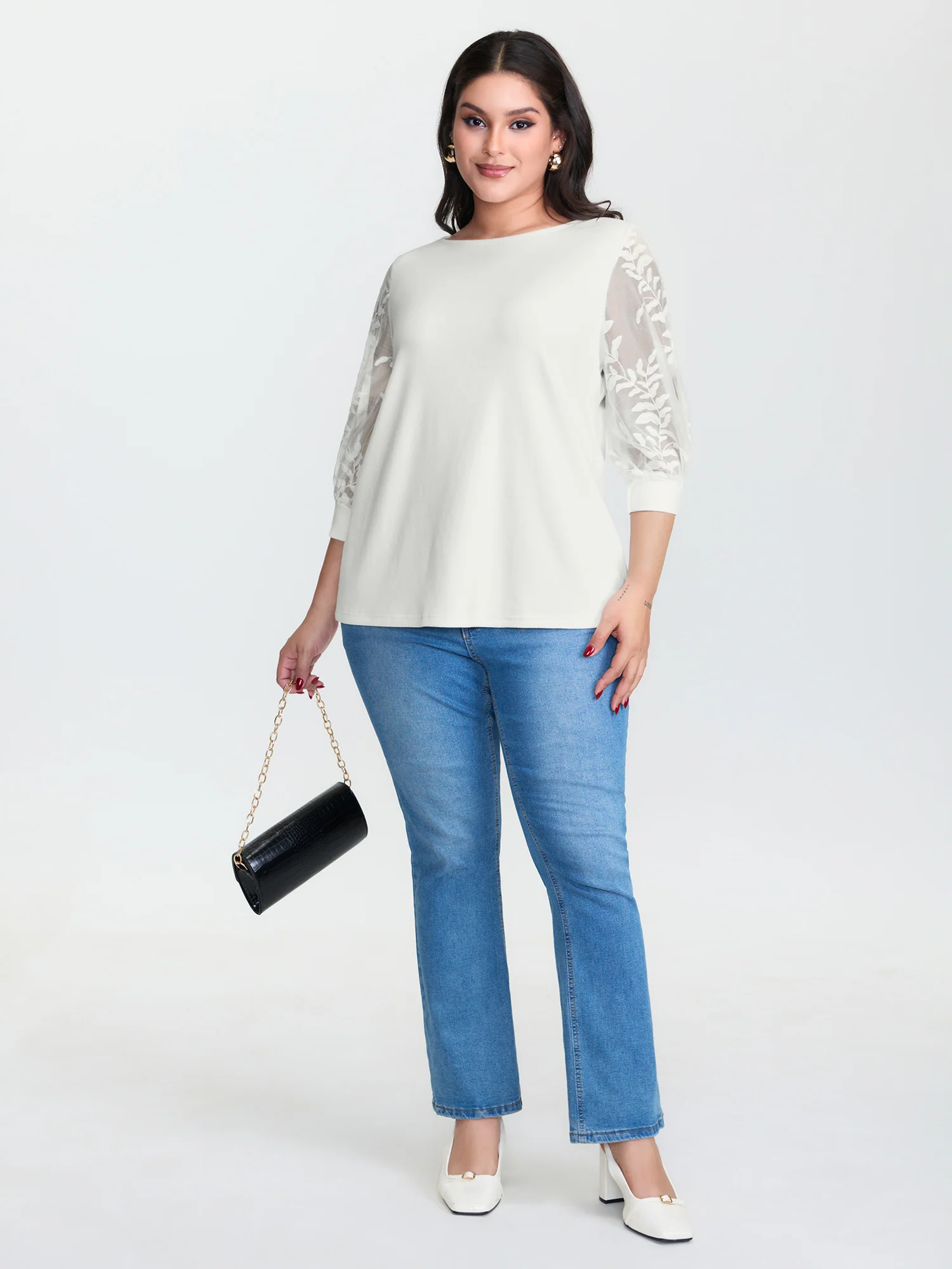 Sheer Floral Sleeve Spliced Blouse - Image 2
