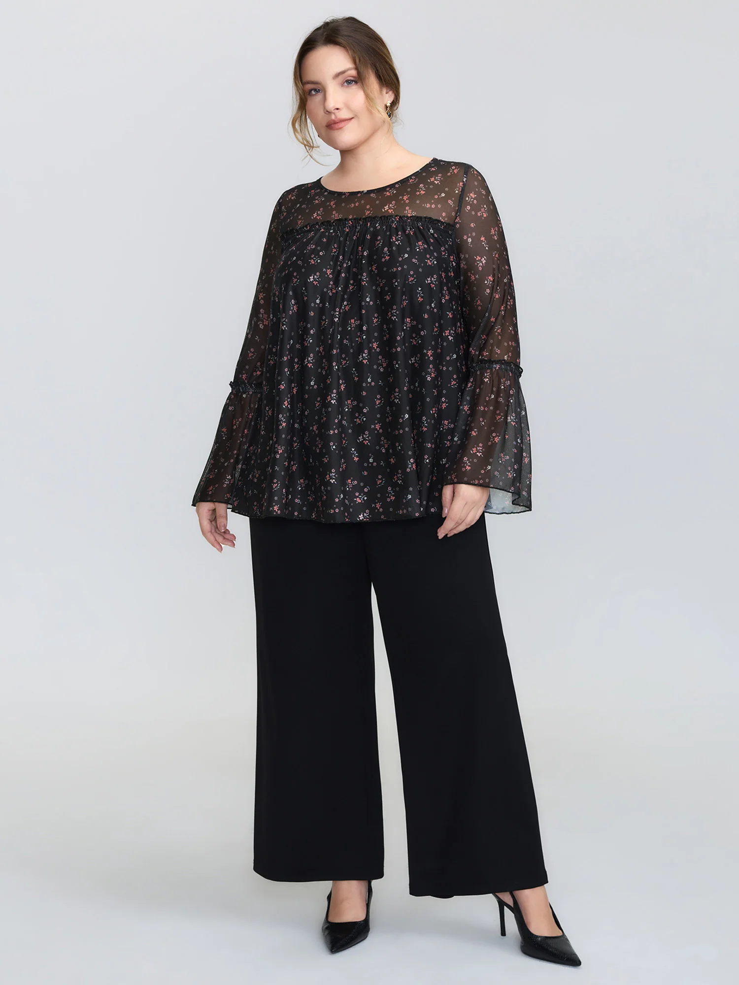Sheer Floral Stretchy Net Knit Top - Image 2