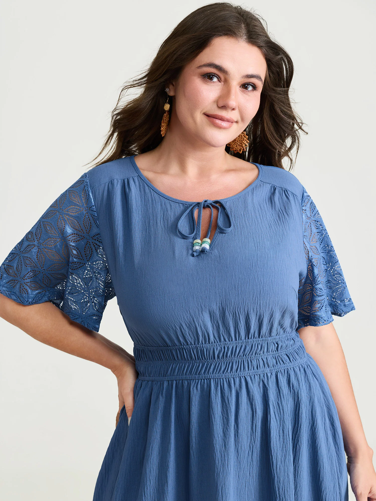 Sheer Floral Texture Drawstring Neckline Midi Dress - Image 2