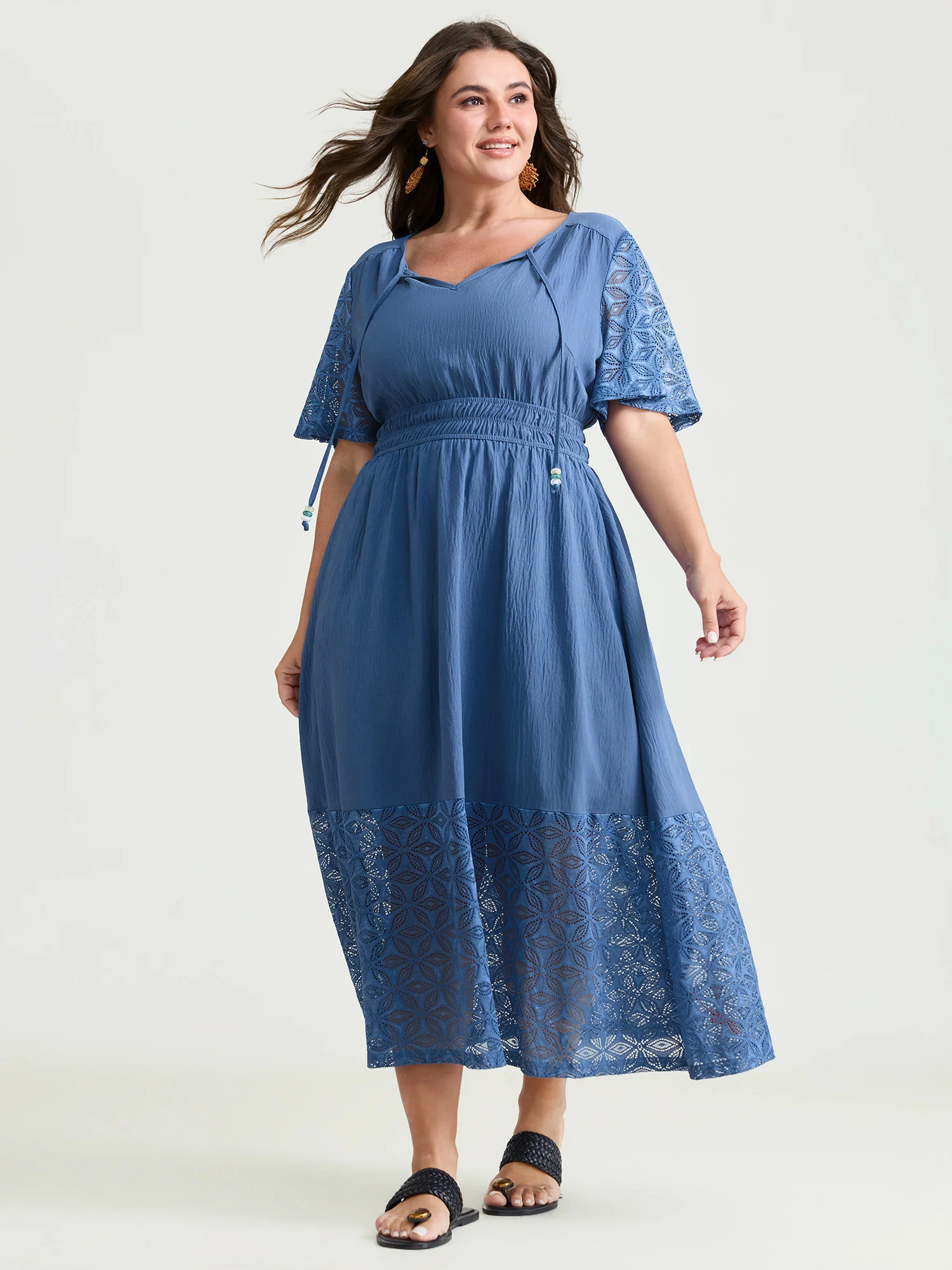 Sheer Floral Texture Drawstring Neckline Midi Dress - Image 3