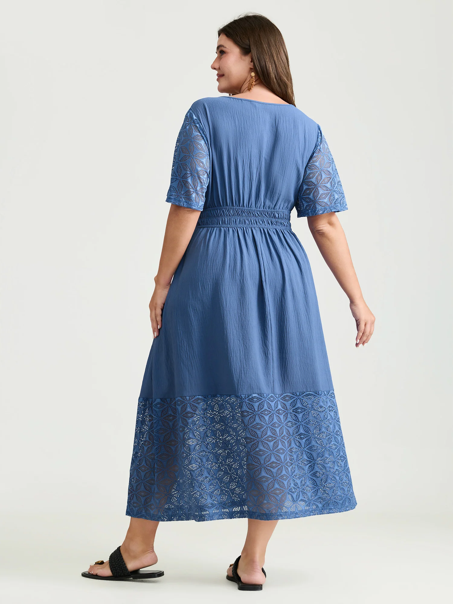 Sheer Floral Texture Drawstring Neckline Midi Dress - Image 5