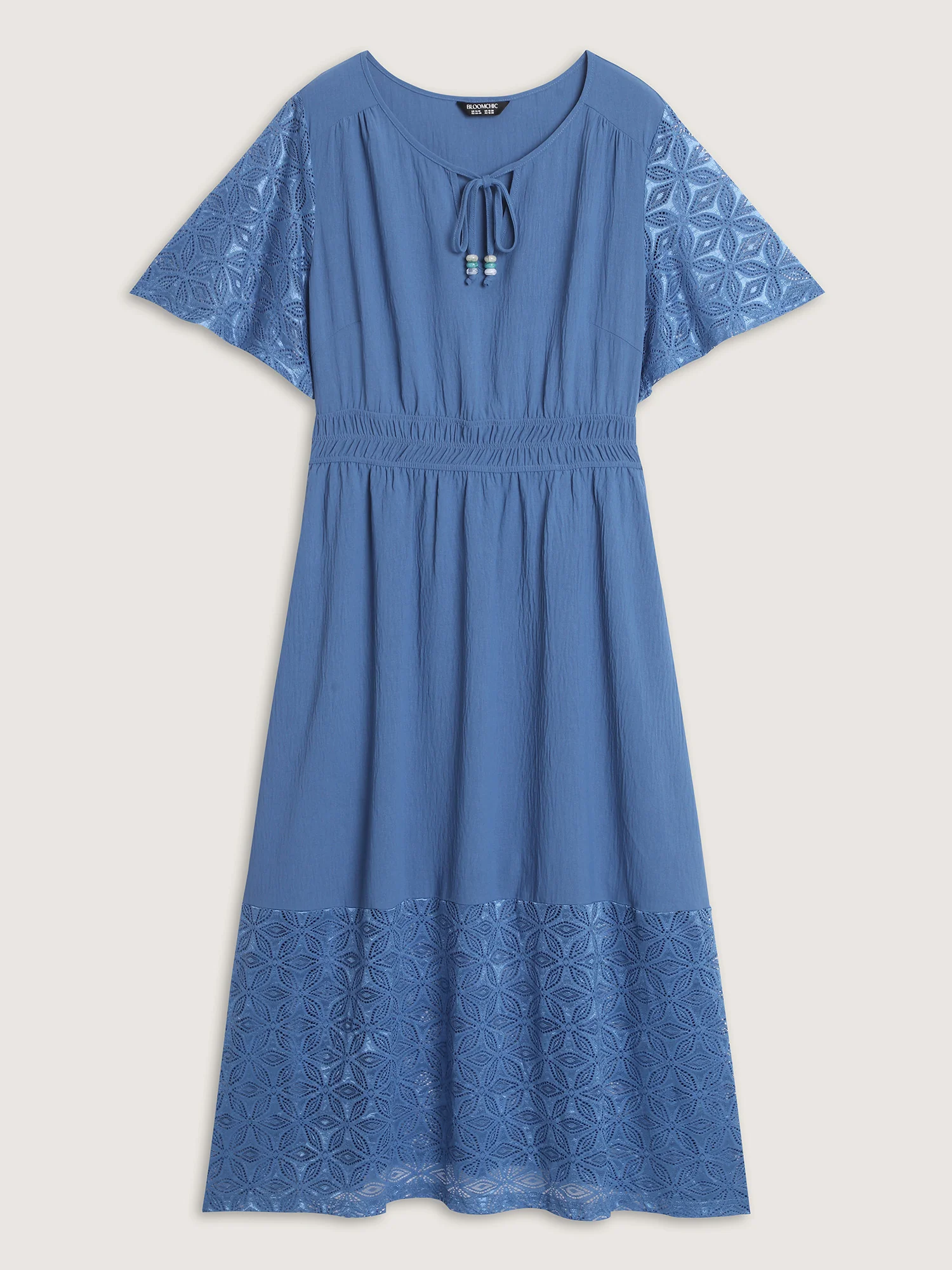 Sheer Floral Texture Drawstring Neckline Midi Dress - Image 8