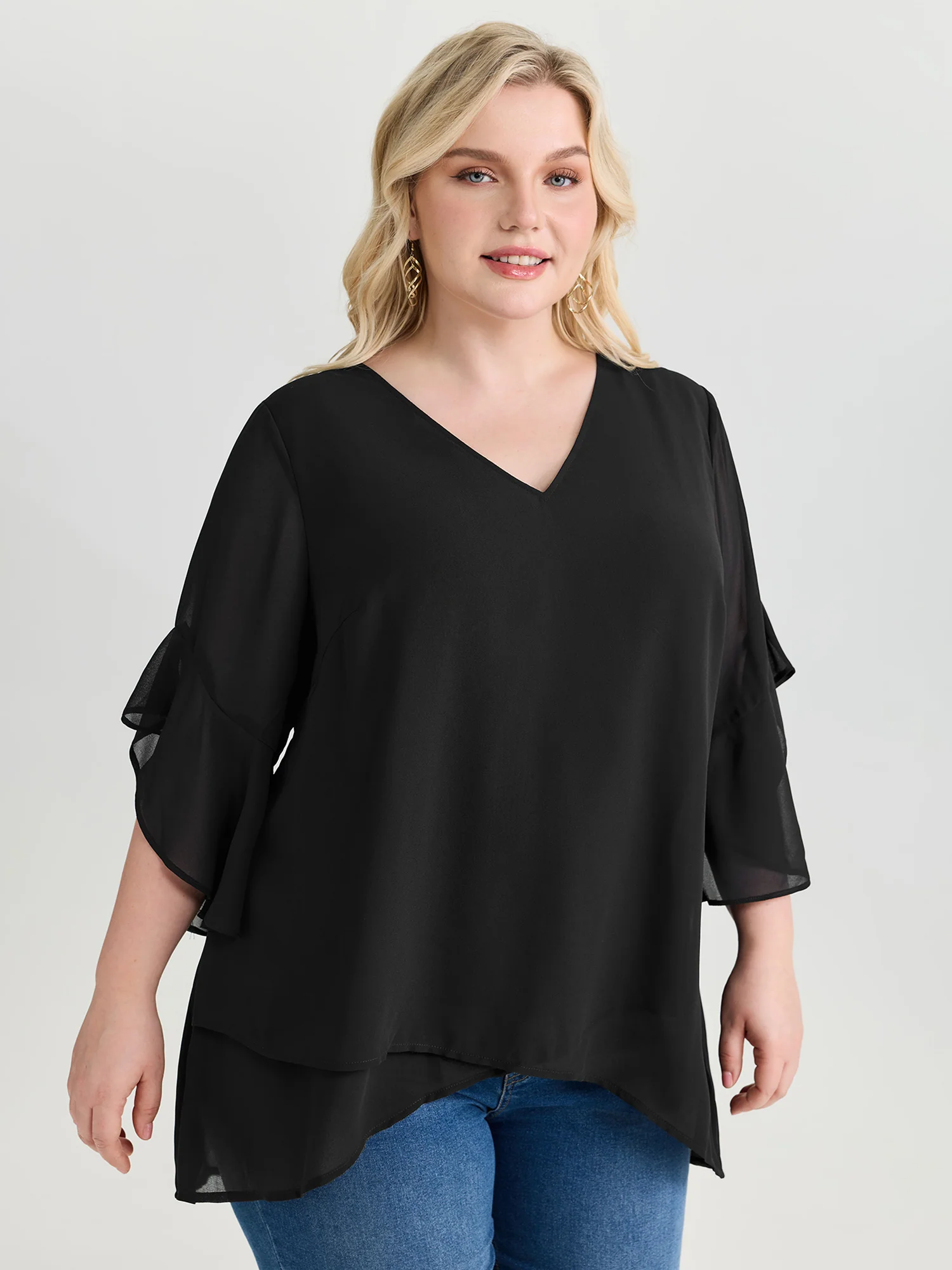 Sheer Flowy Ruffled Sleeve Plain Blouse