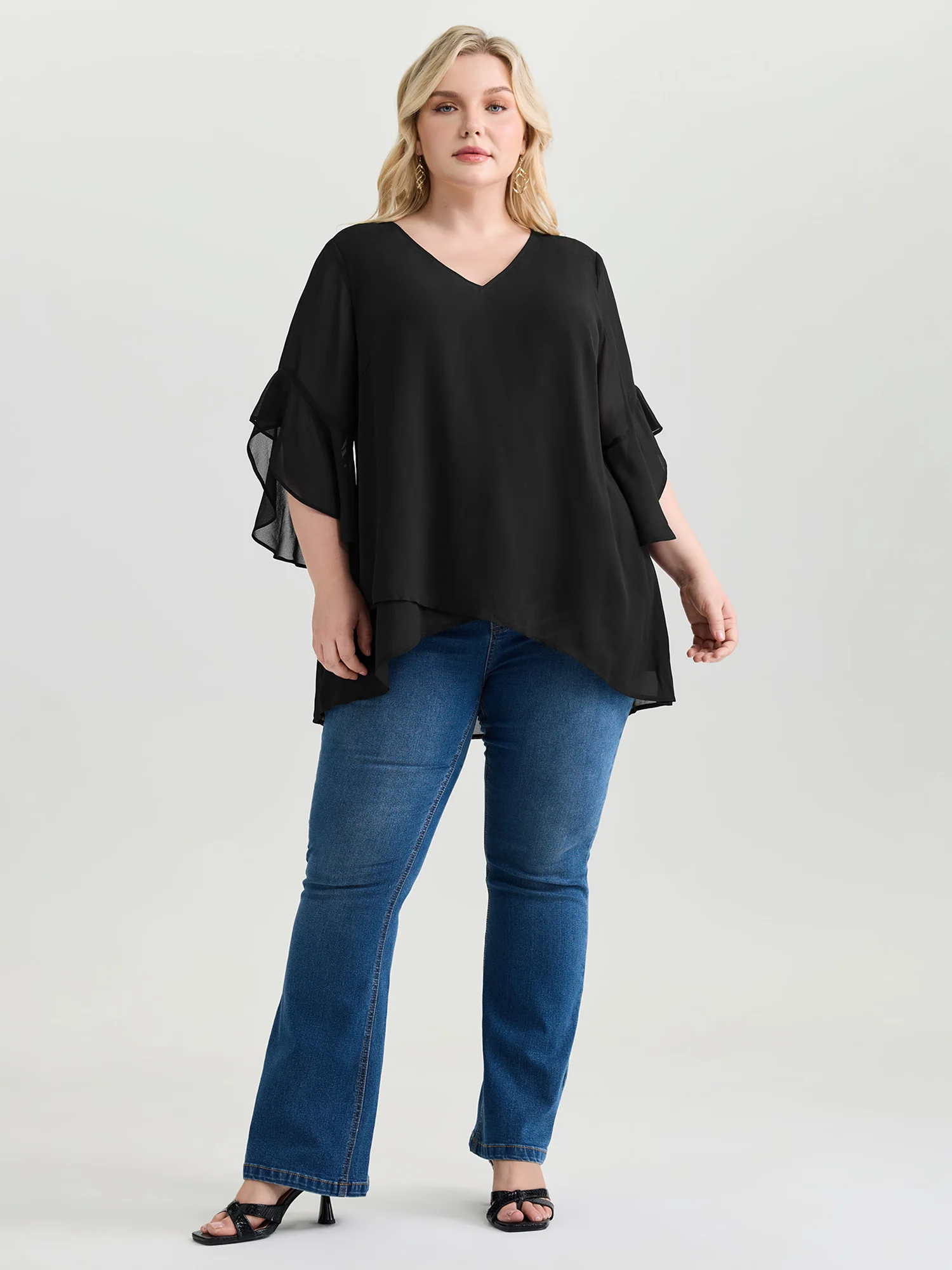 Sheer Flowy Ruffled Sleeve Plain Blouse - Image 3
