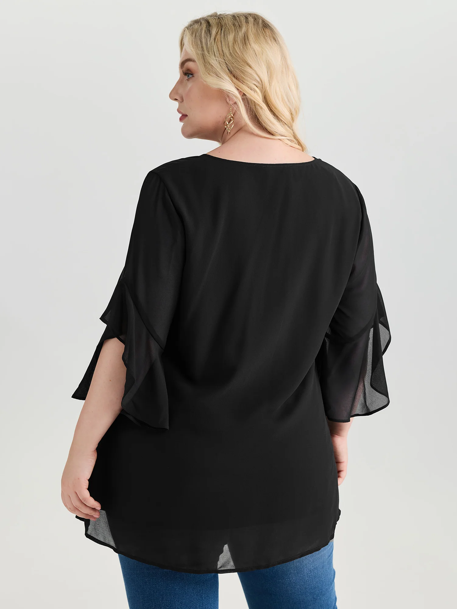 Sheer Flowy Ruffled Sleeve Plain Blouse - Image 4