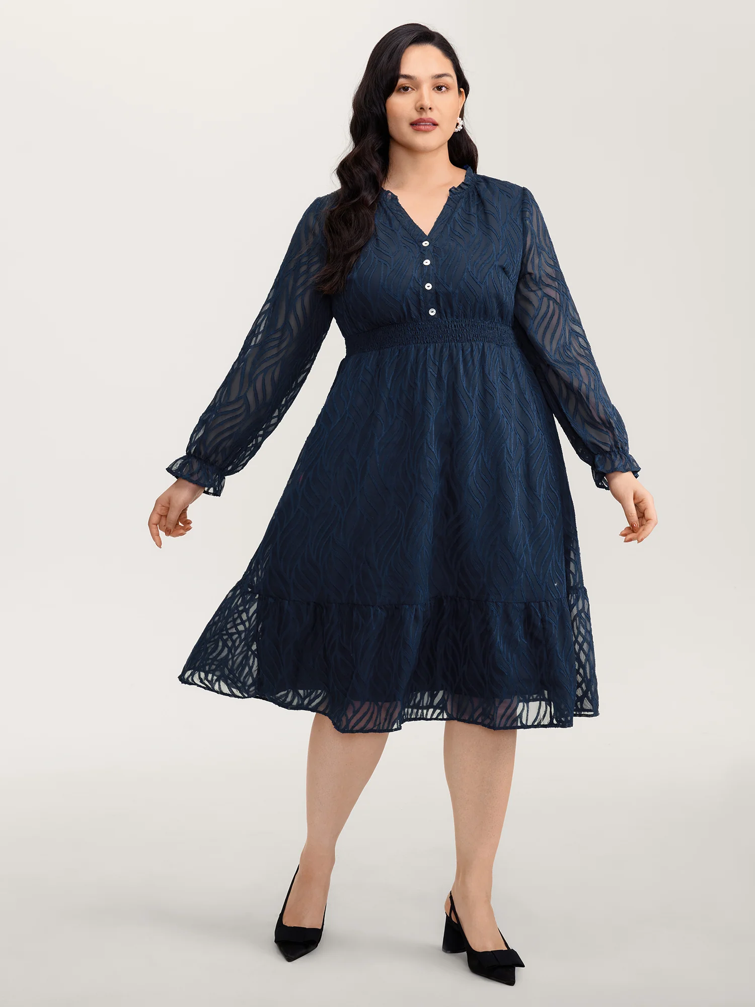 Sheer Jacquard Stretchy Waist Midi Dress - Image 3
