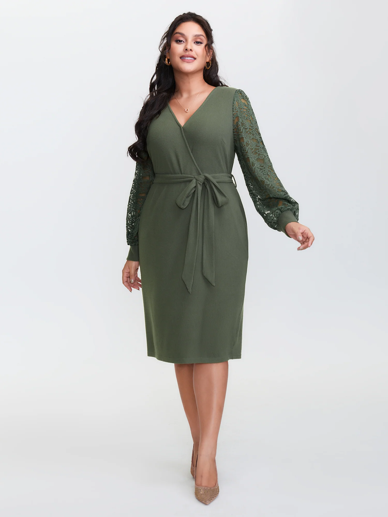 Sheer Lace Cozy Belted Waist Midi Dress