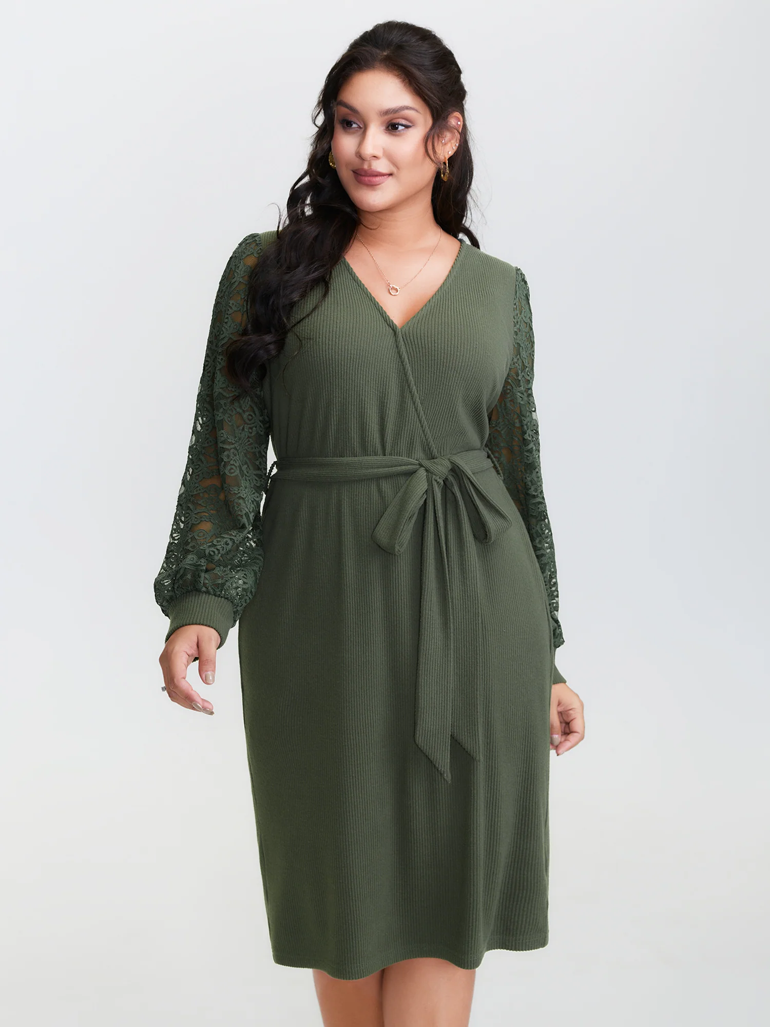 Sheer Lace Cozy Belted Waist Midi Dress - Image 3