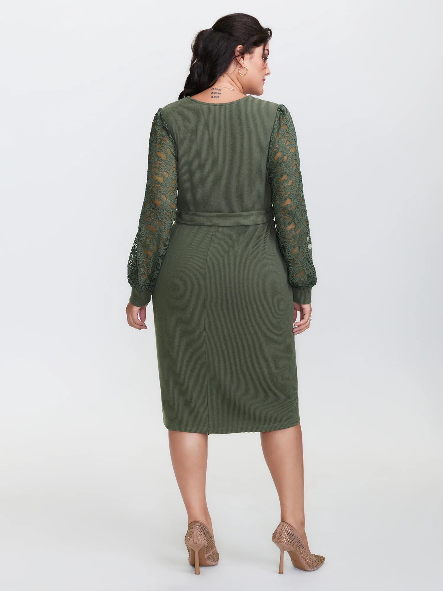 Sheer Lace Cozy Belted Waist Midi Dress - Image 4