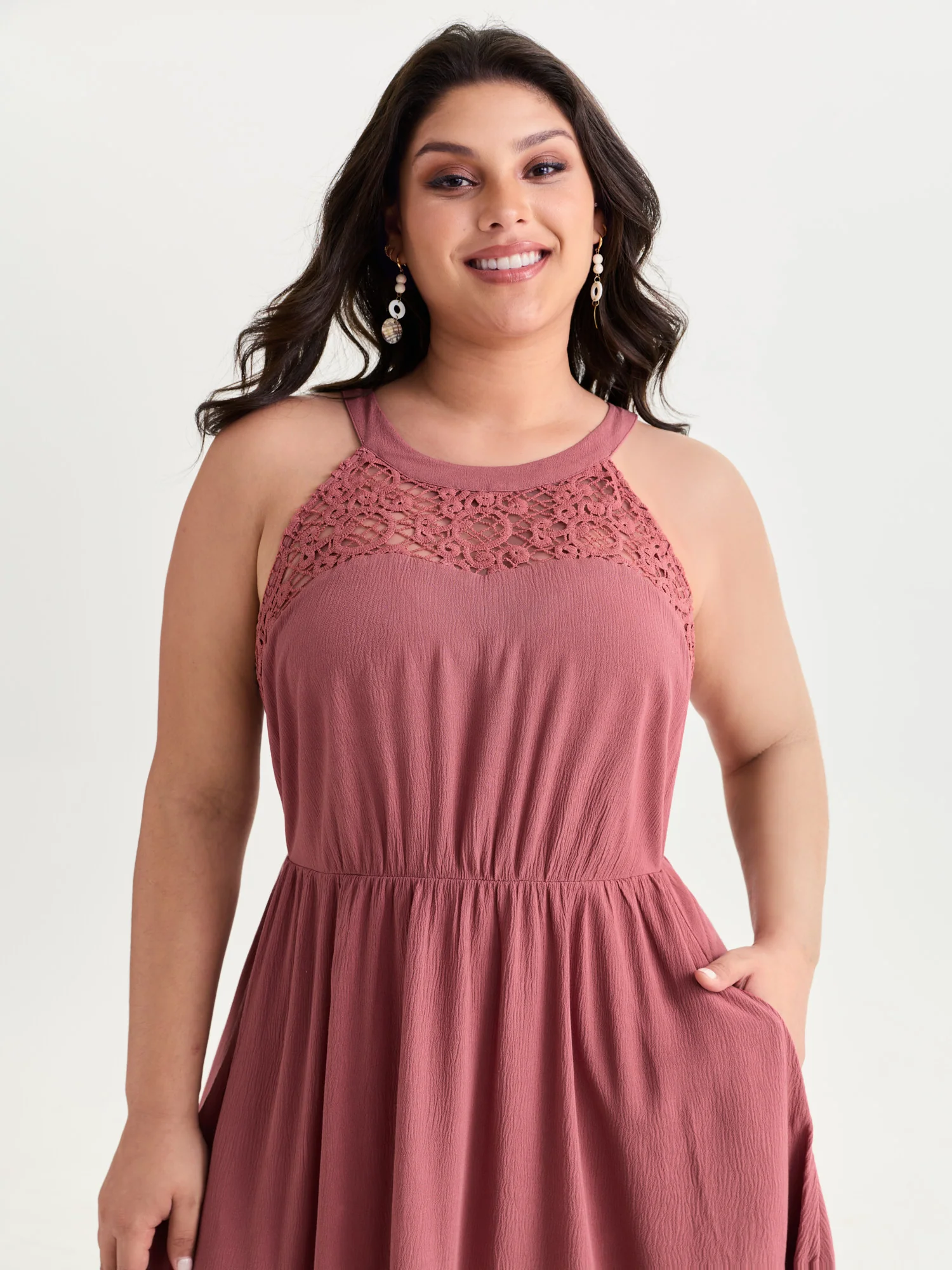 Sheer Lace Halter Neckline Flowy Midi Dress - Image 2
