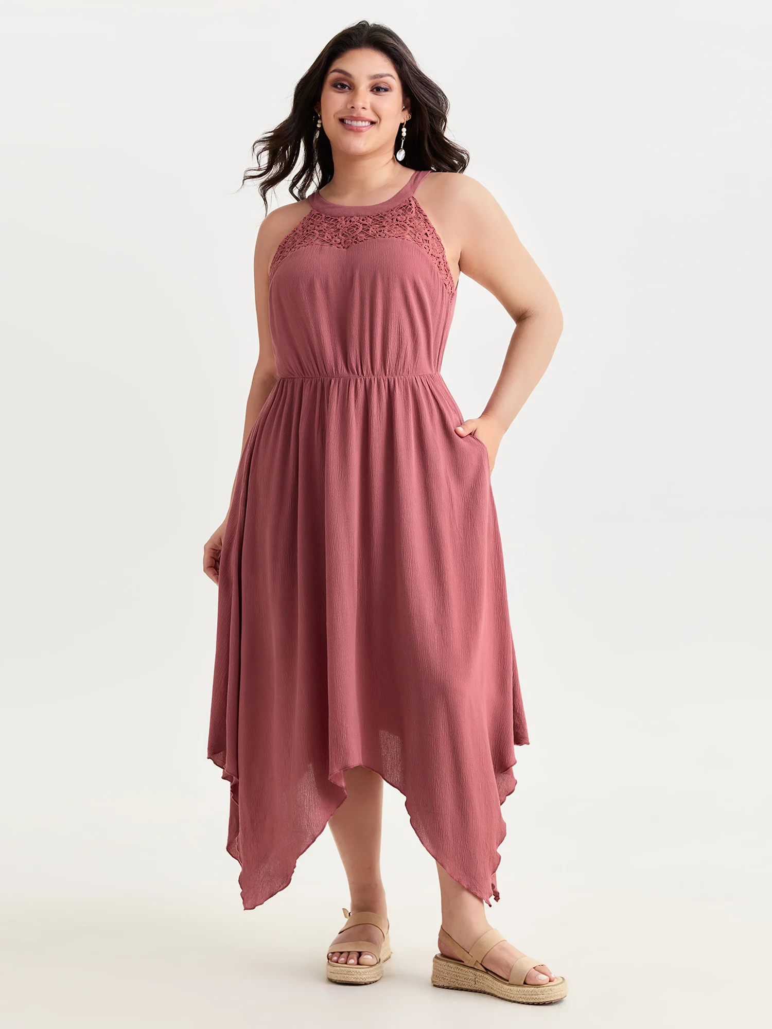 Sheer Lace Halter Neckline Flowy Midi Dress - Image 3