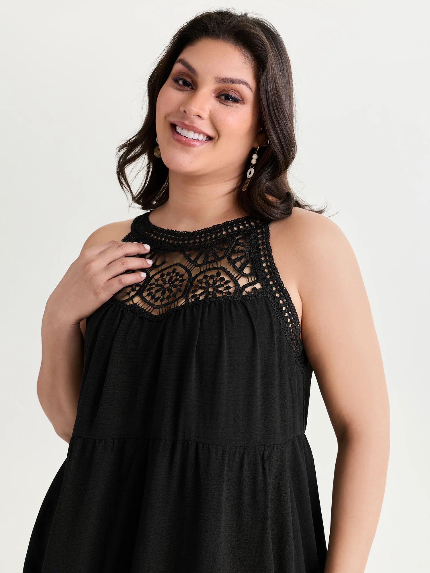 Sheer Lace Halter Neckline Tiered Mini Dress - Image 2