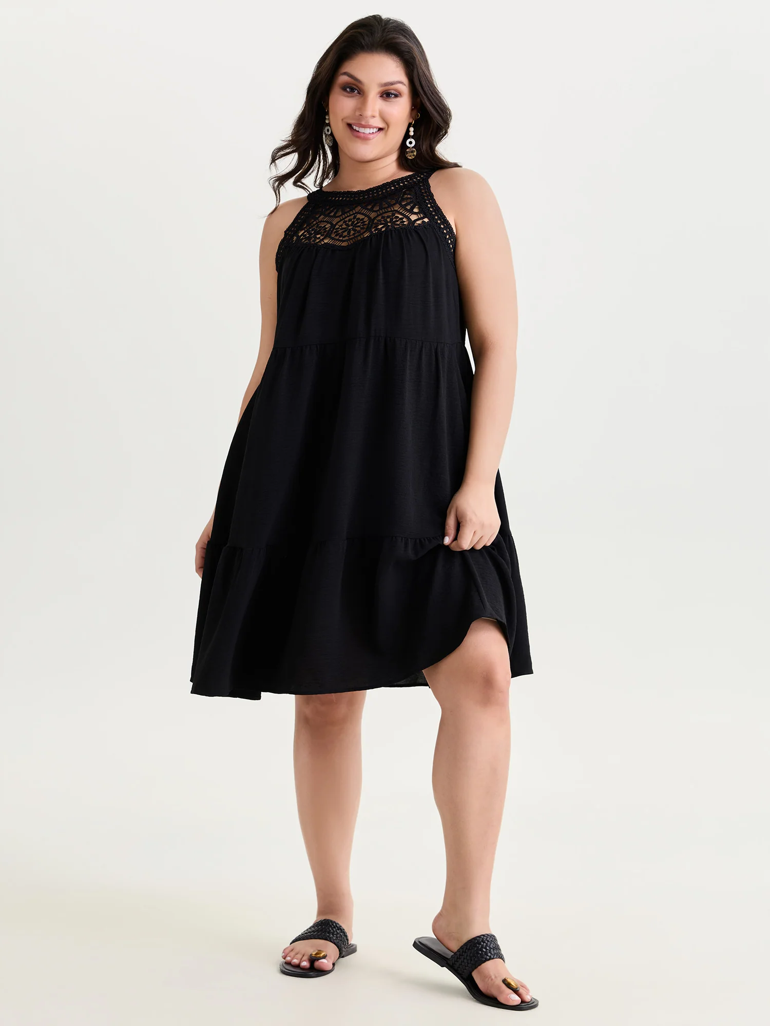 Sheer Lace Halter Neckline Tiered Mini Dress - Image 3