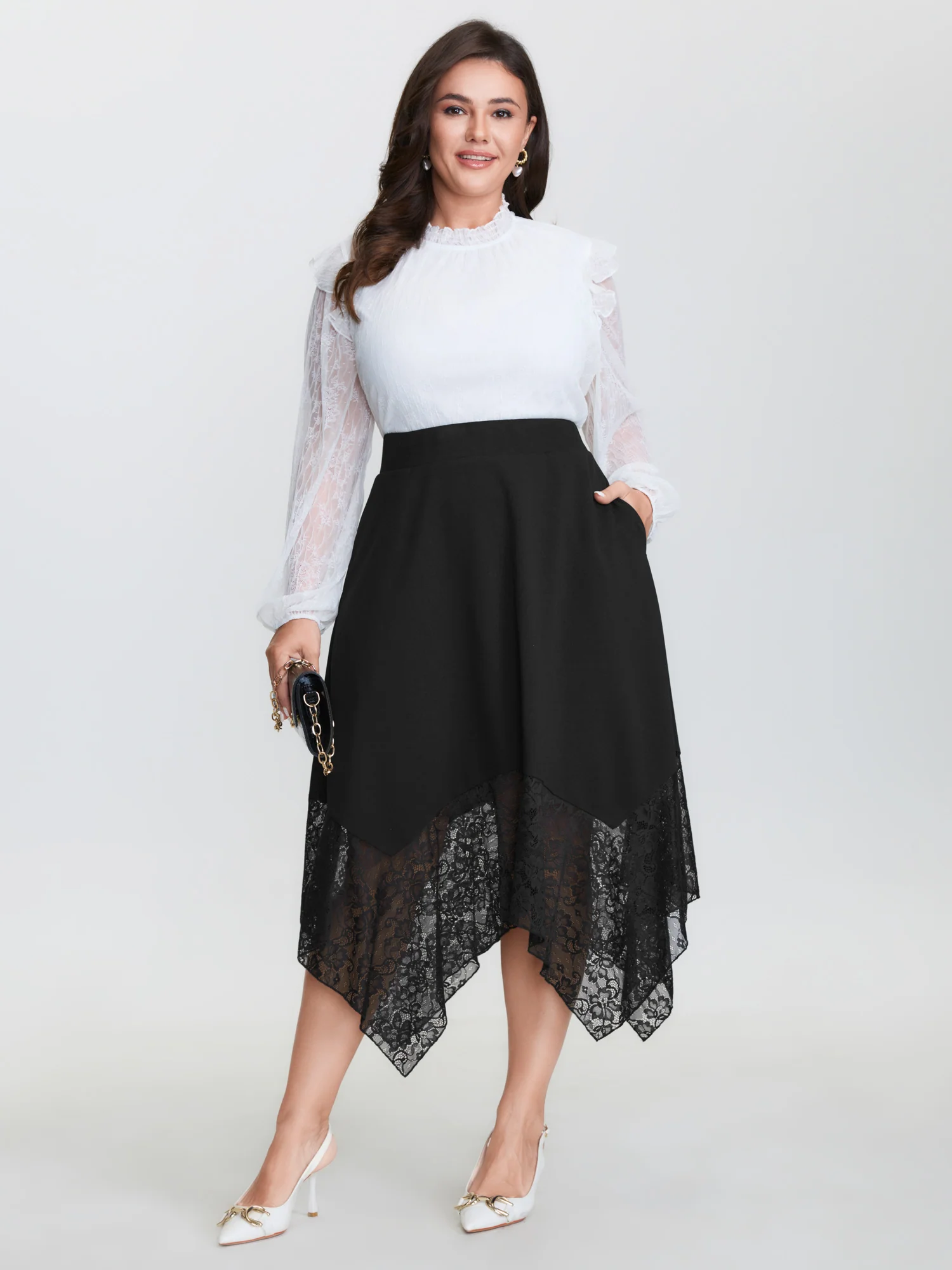 Sheer Lace Handkerchief Hem Midi Skirt - Image 2