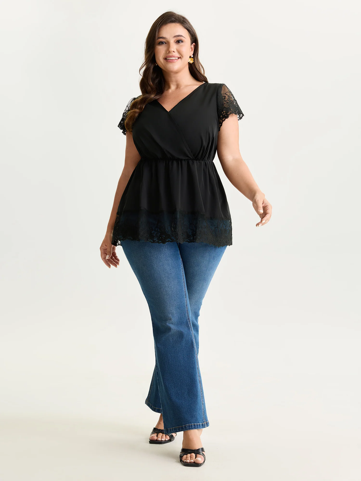 Sheer Lace Hem Satin Blouse - Image 3