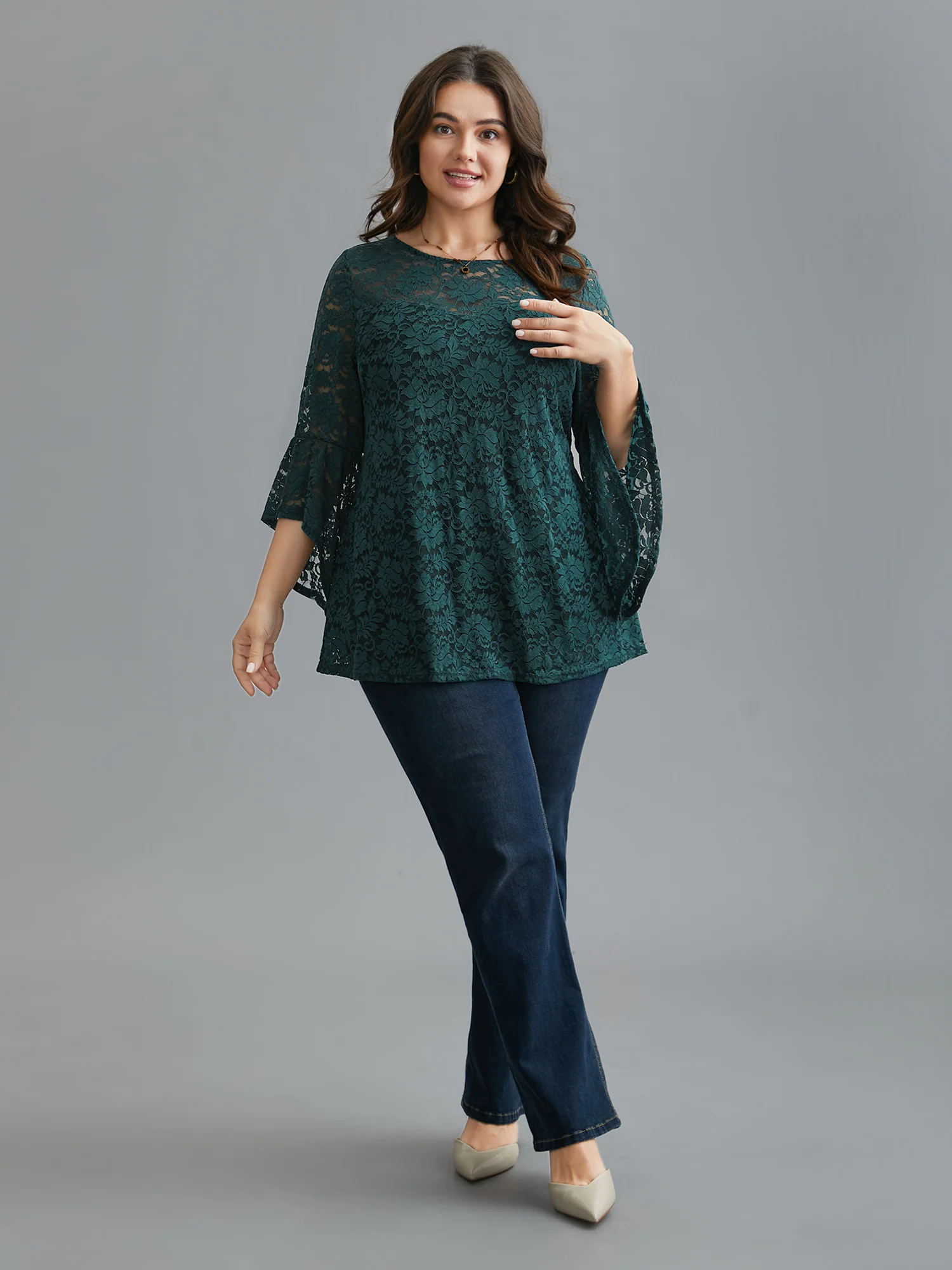 Sheer Lace Irregular Sleeve Lined Shirt - Image 2