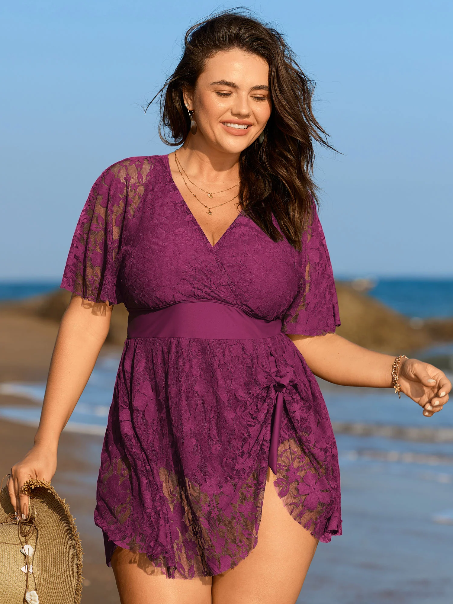 Sheer Lace Knotted Asymmetrical Hem Swim Dress - Image 14