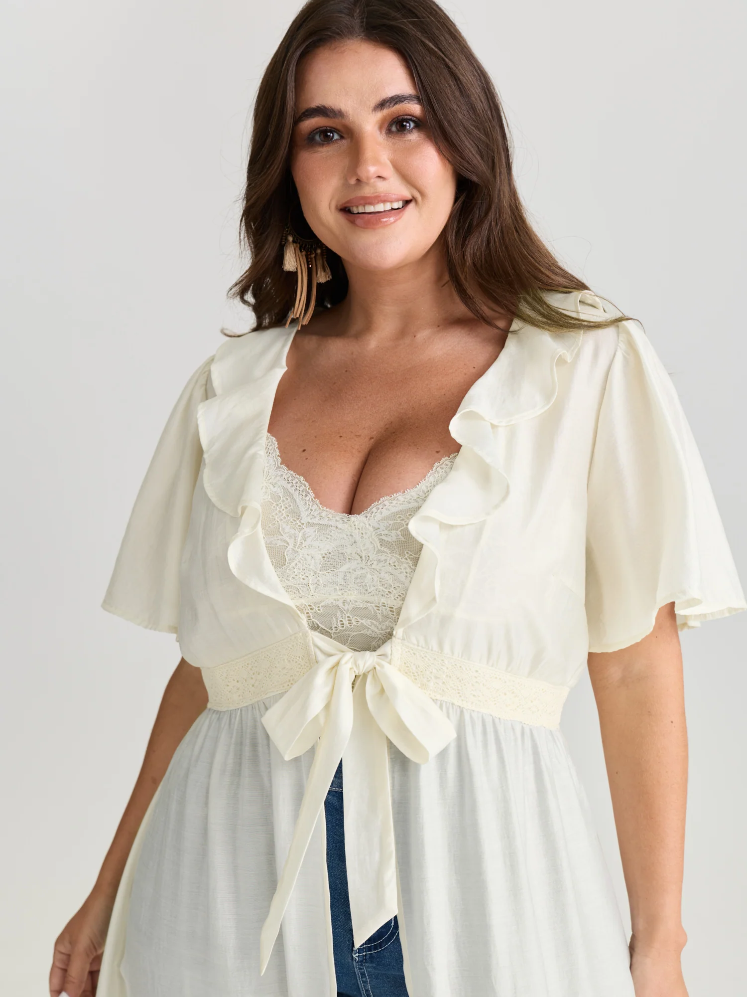 Sheer Lace Lotus Leaf Detail Kimono - Image 2