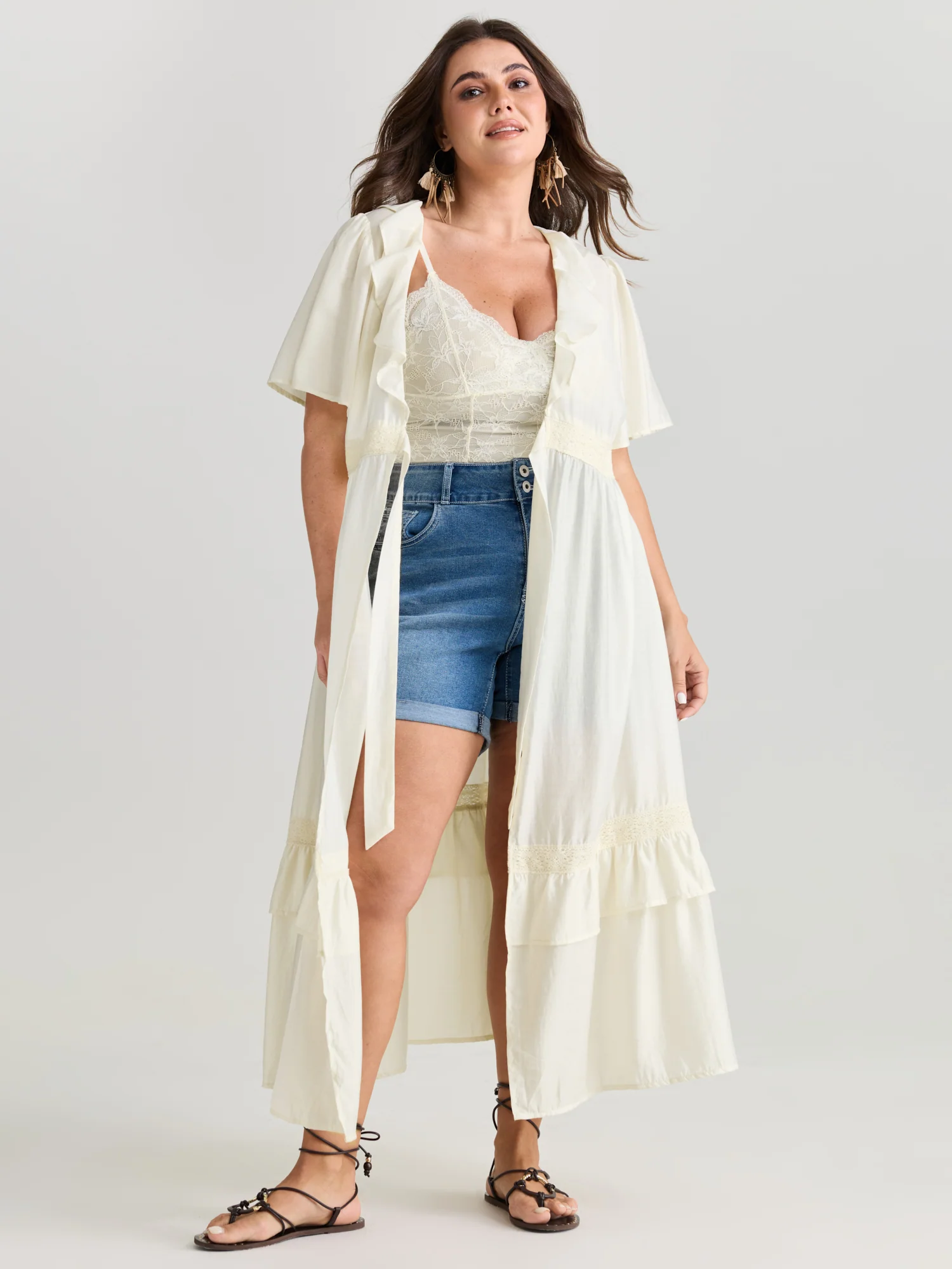 Sheer Lace Lotus Leaf Detail Kimono - Image 3