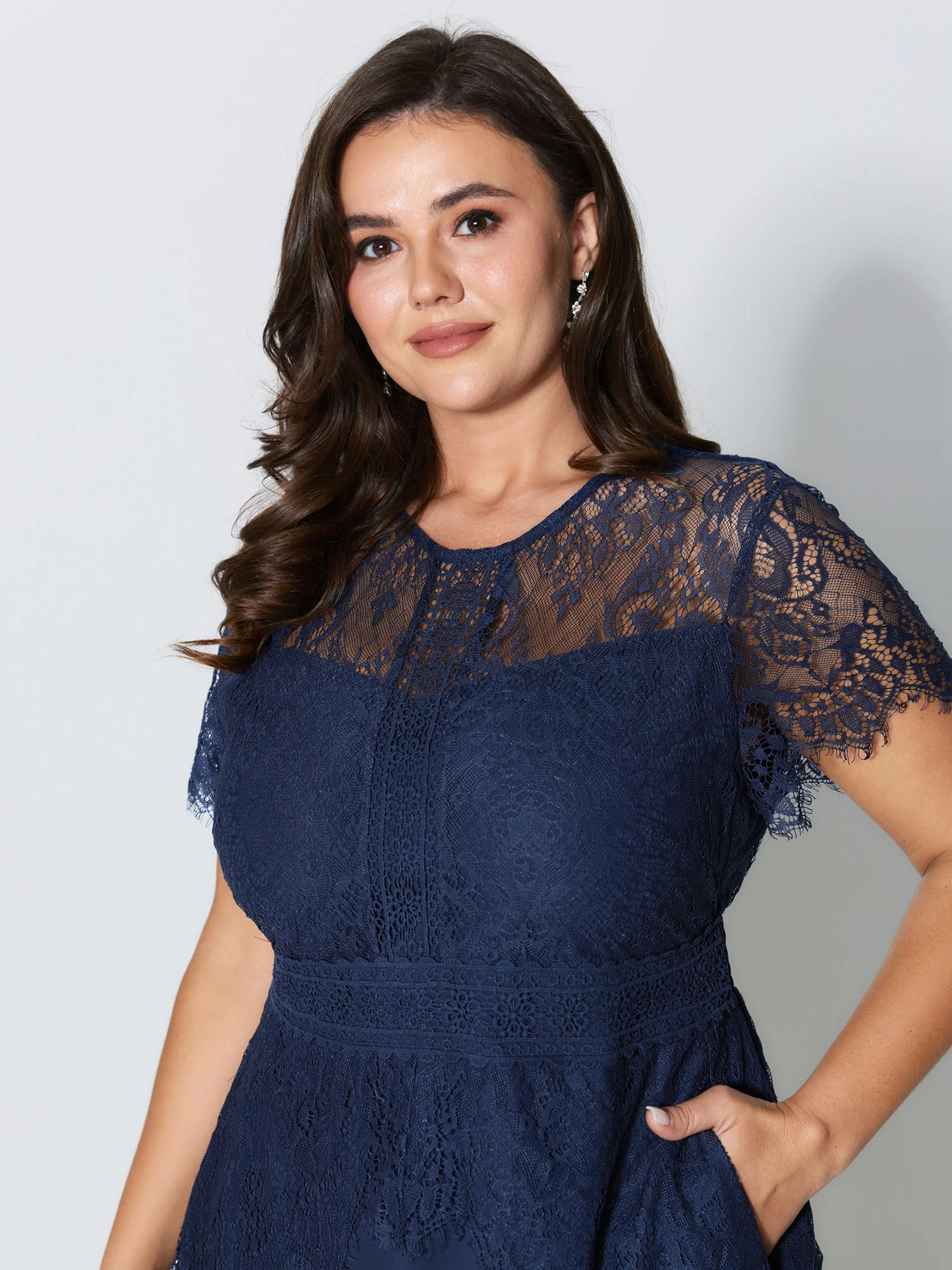 Sheer Lace Neckline Layered Pockets Midi Dress - Image 2