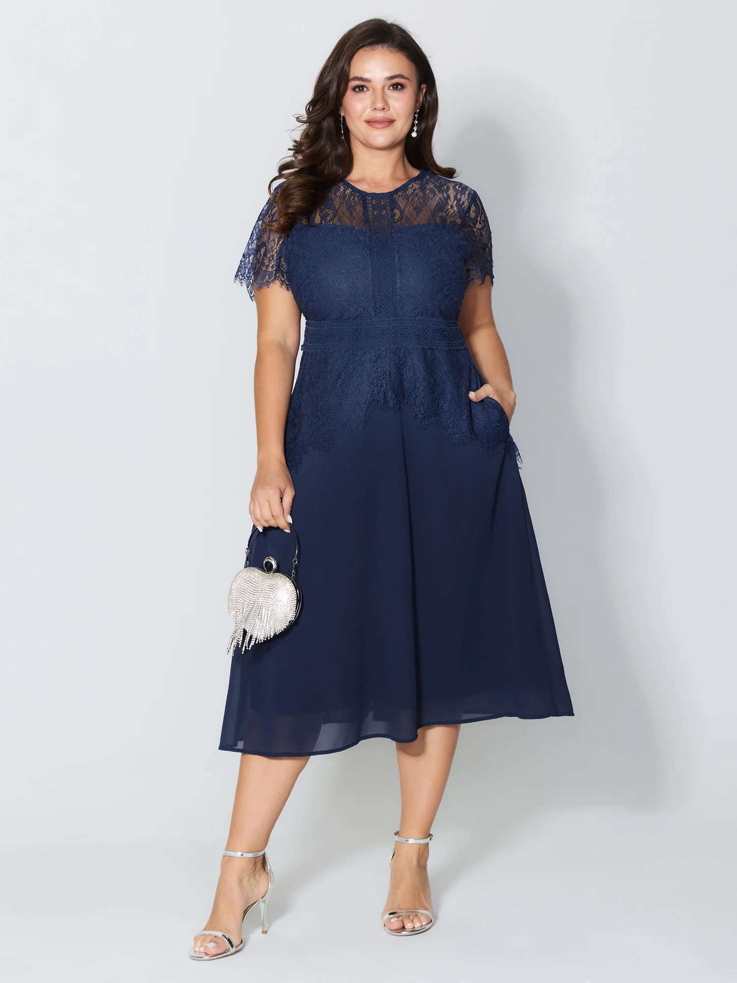 Sheer Lace Neckline Layered Pockets Midi Dress - Image 3