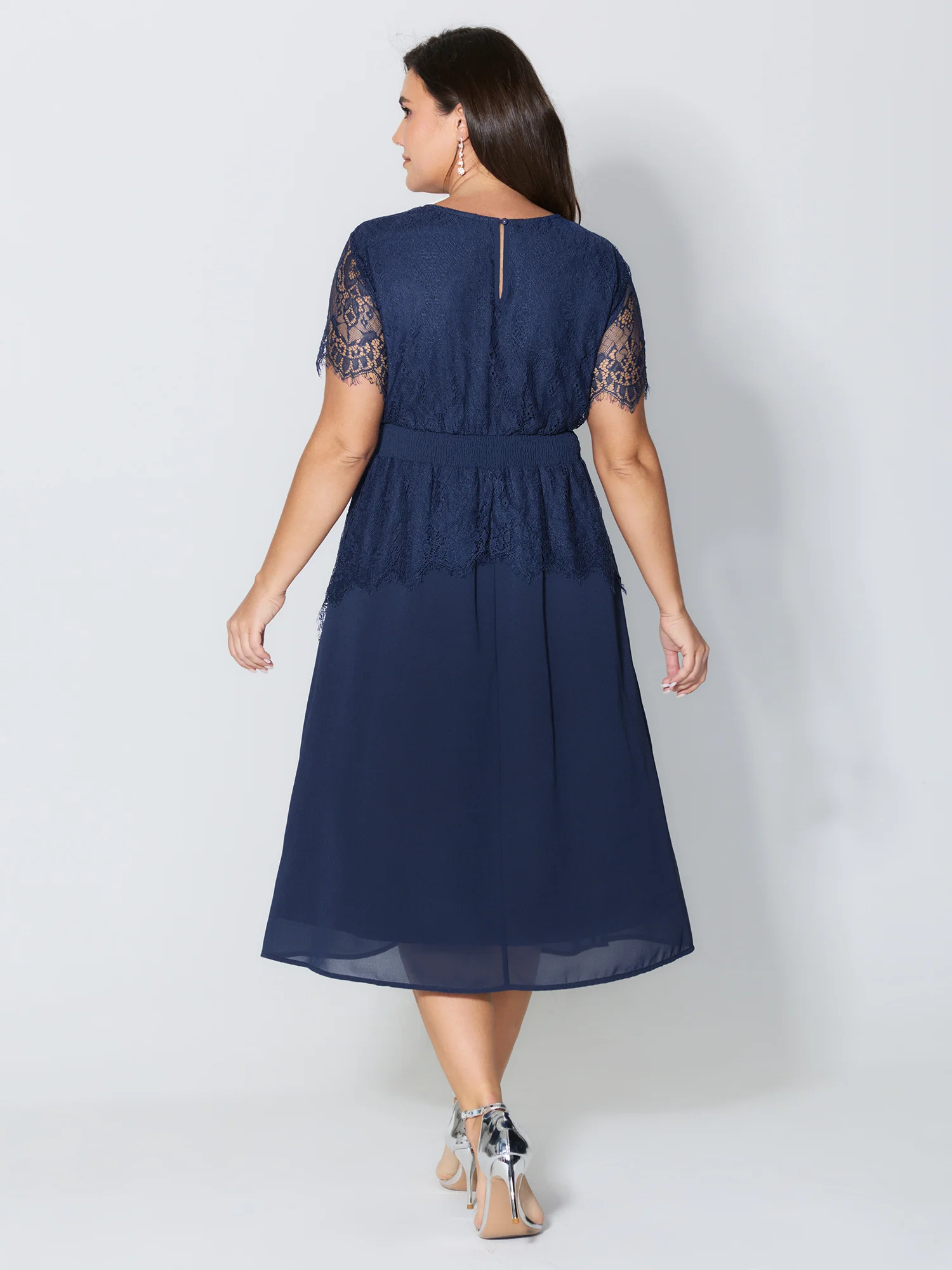 Sheer Lace Neckline Layered Pockets Midi Dress - Image 4