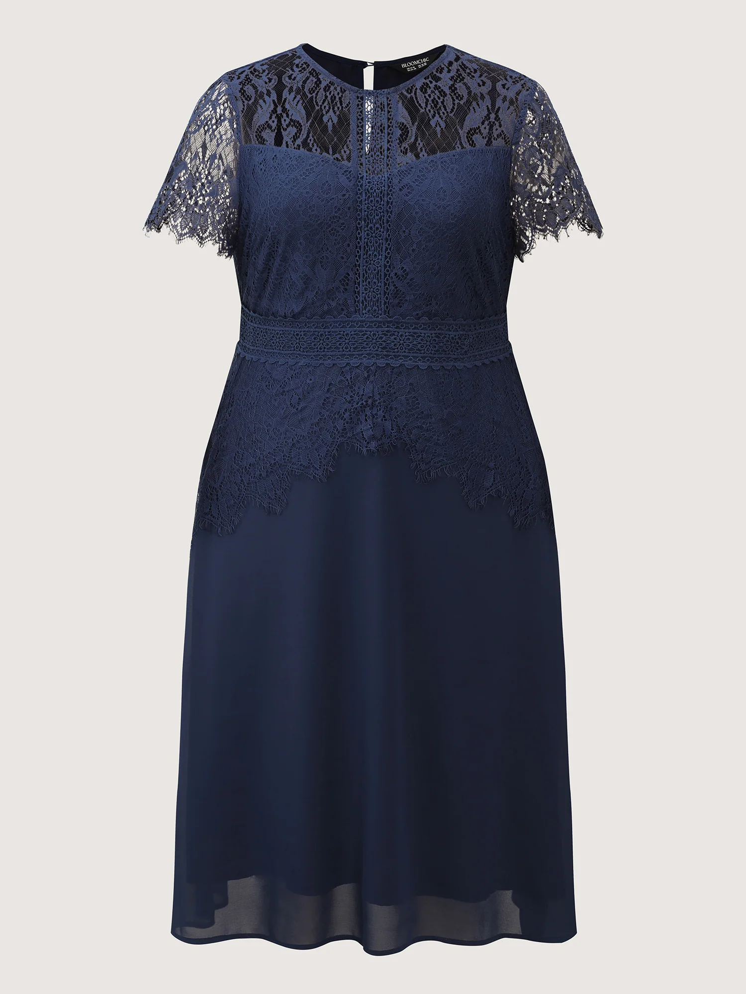 Sheer Lace Neckline Layered Pockets Midi Dress - Image 7