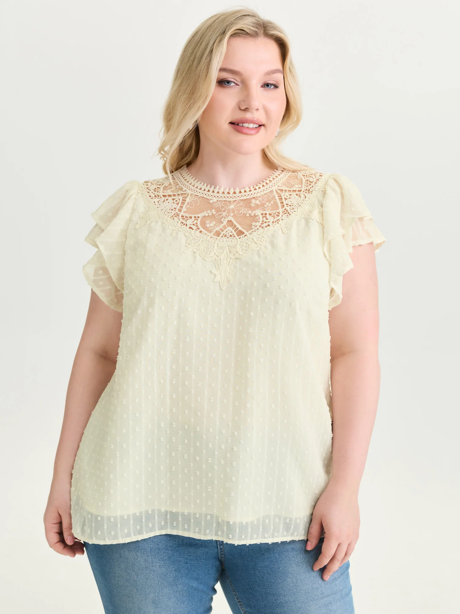 Sheer Lace Neckline Layered Sleeve Blouse - Image 2
