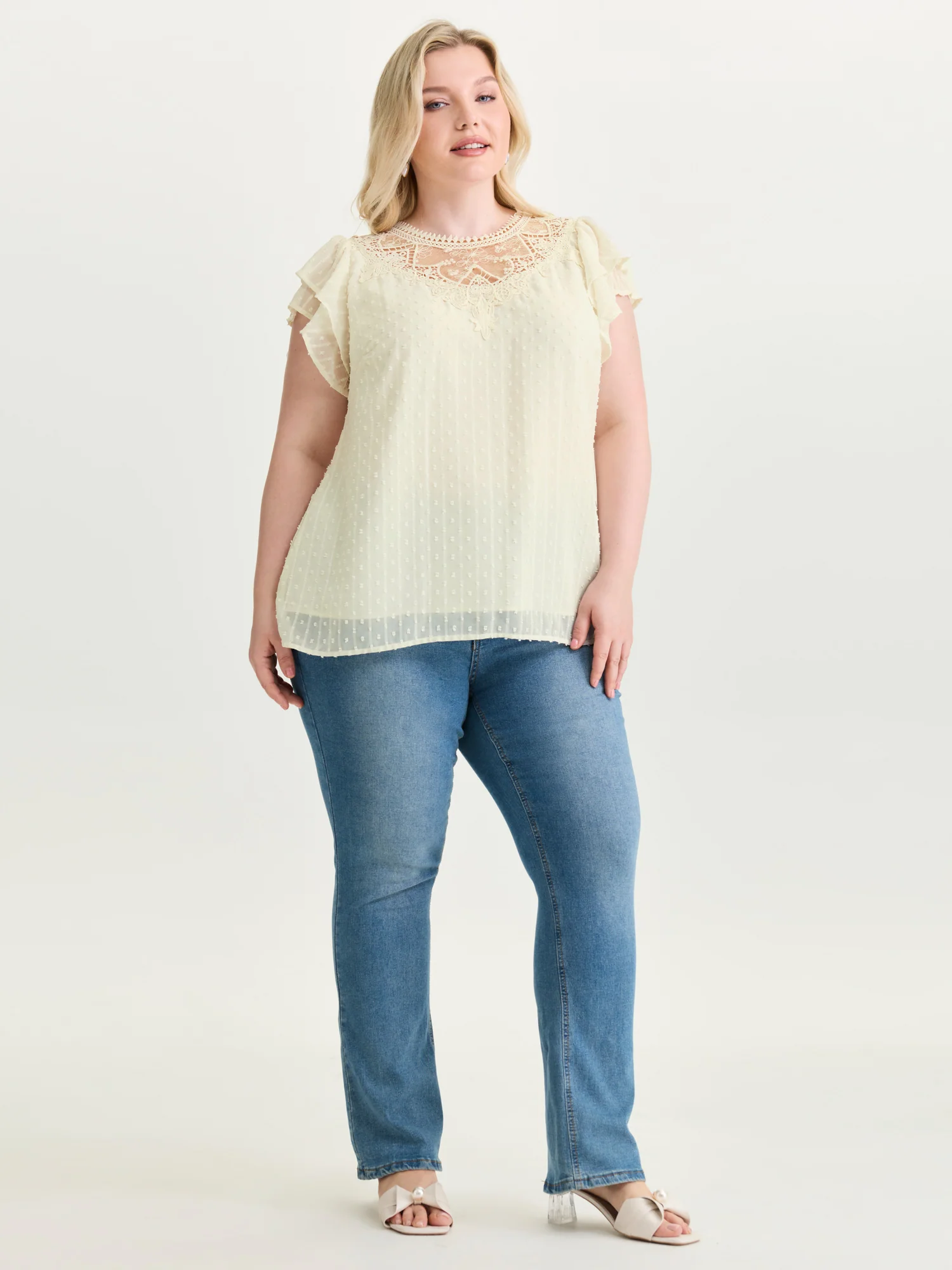 Sheer Lace Neckline Layered Sleeve Blouse - Image 3