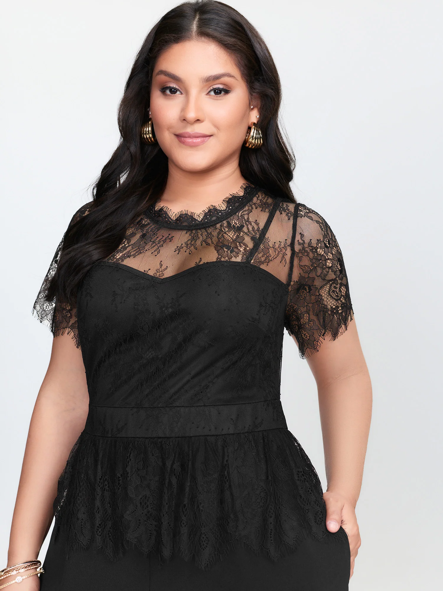 Sheer Lace Neckline Ruffled Waist Jumpsuit - Image 2
