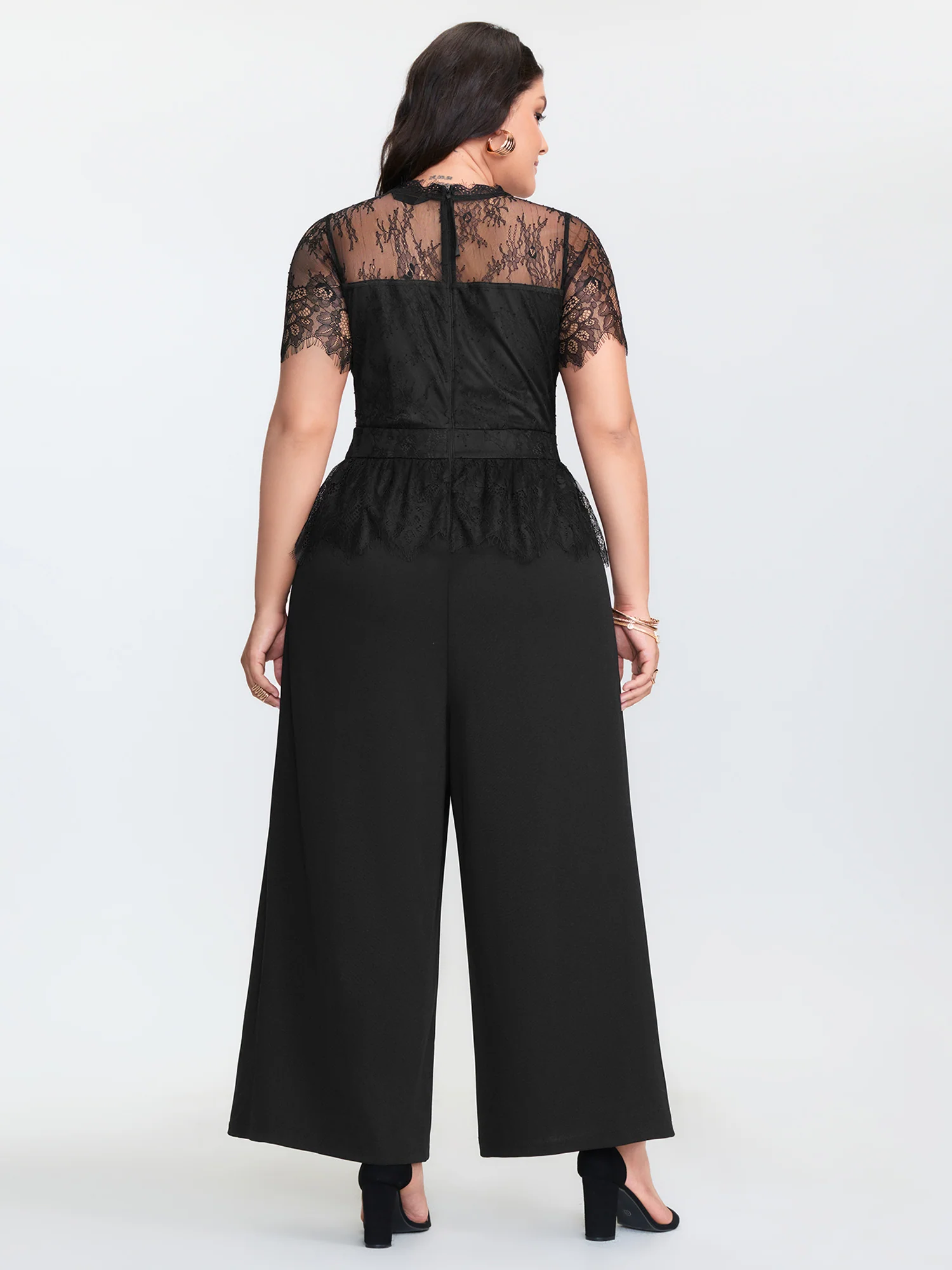 Sheer Lace Neckline Ruffled Waist Jumpsuit - Image 4