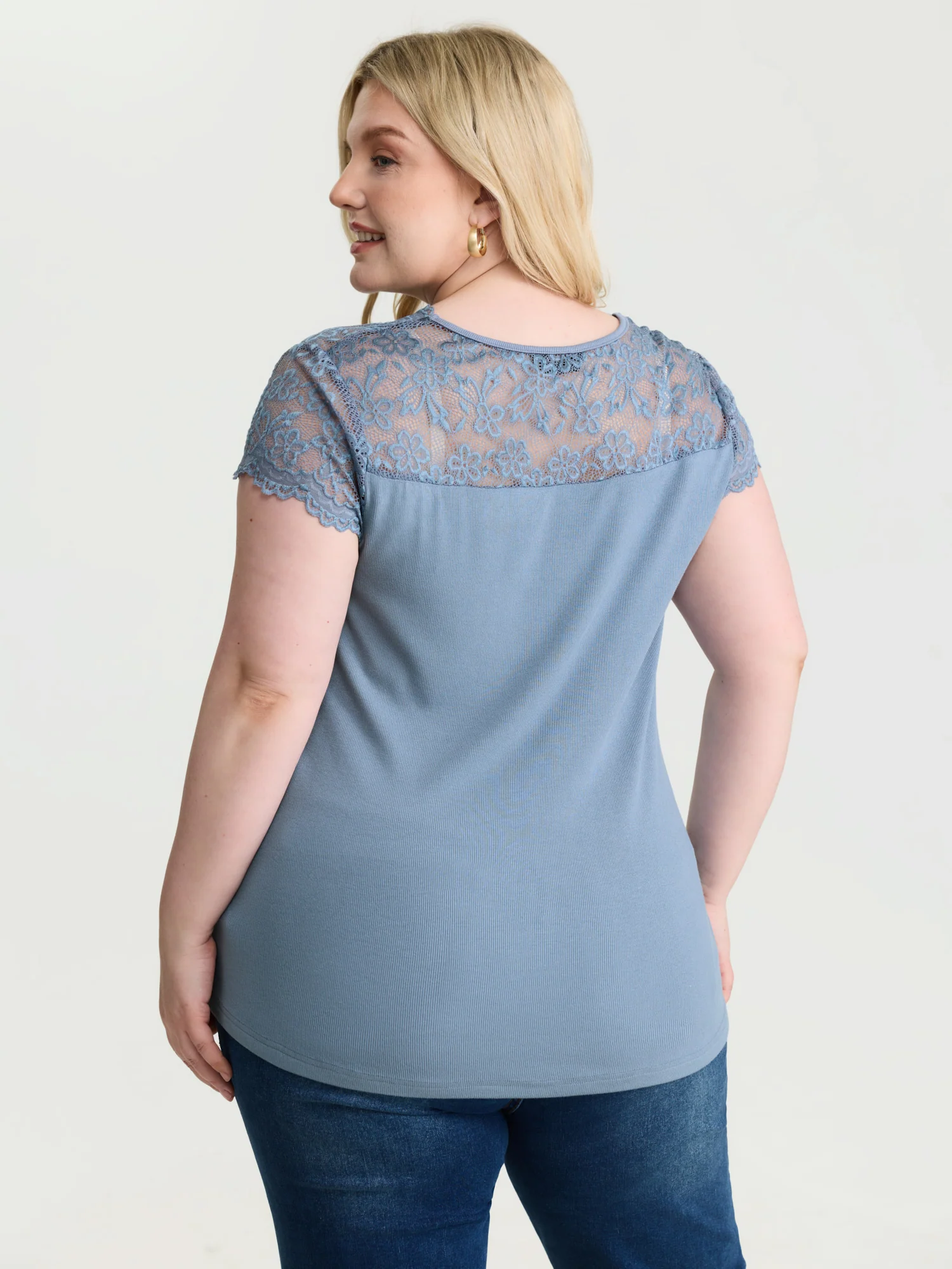 Sheer Lace Neckline Shirred Knit Top - Image 11