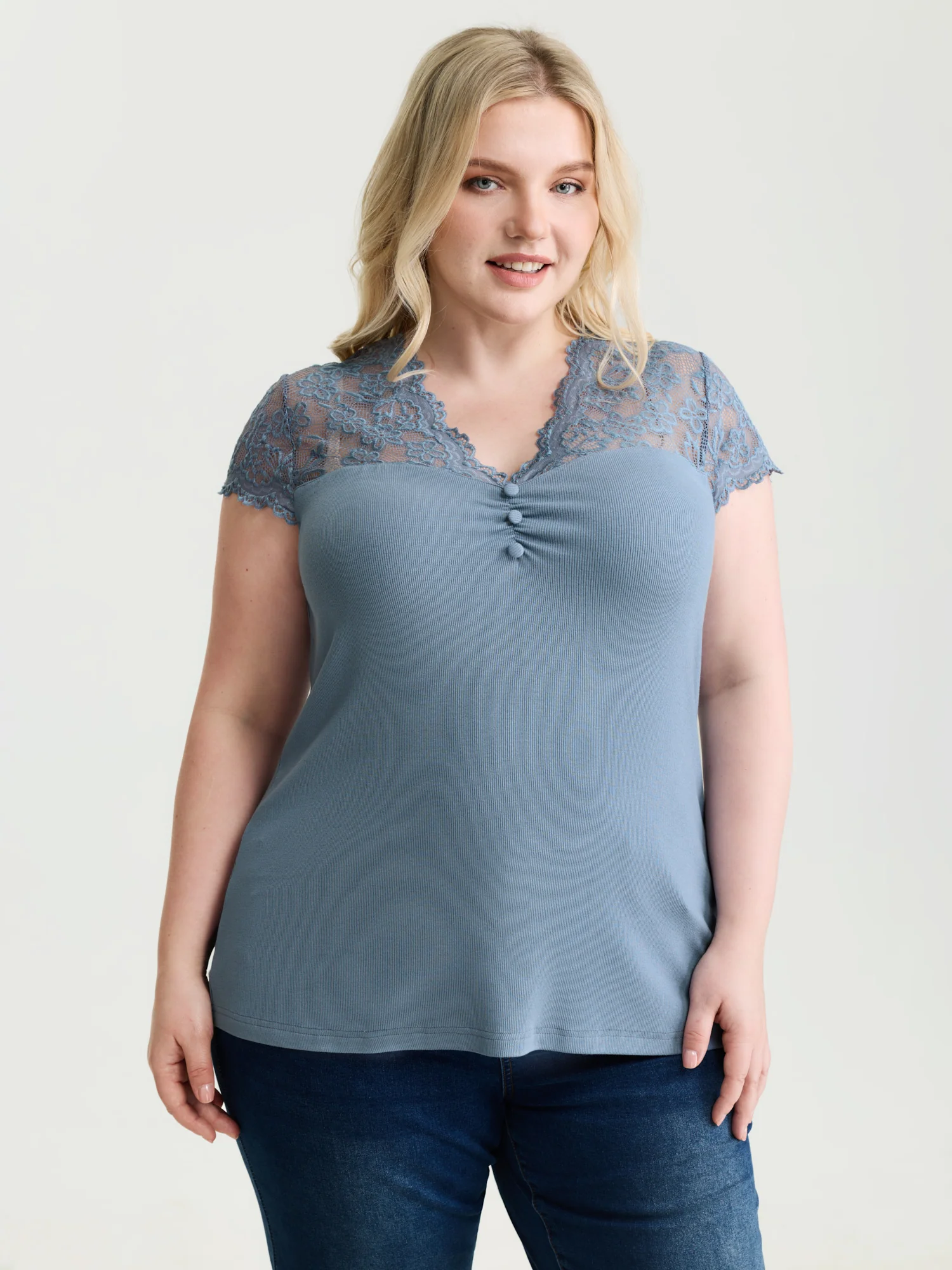 Sheer Lace Neckline Shirred Knit Top - Image 12