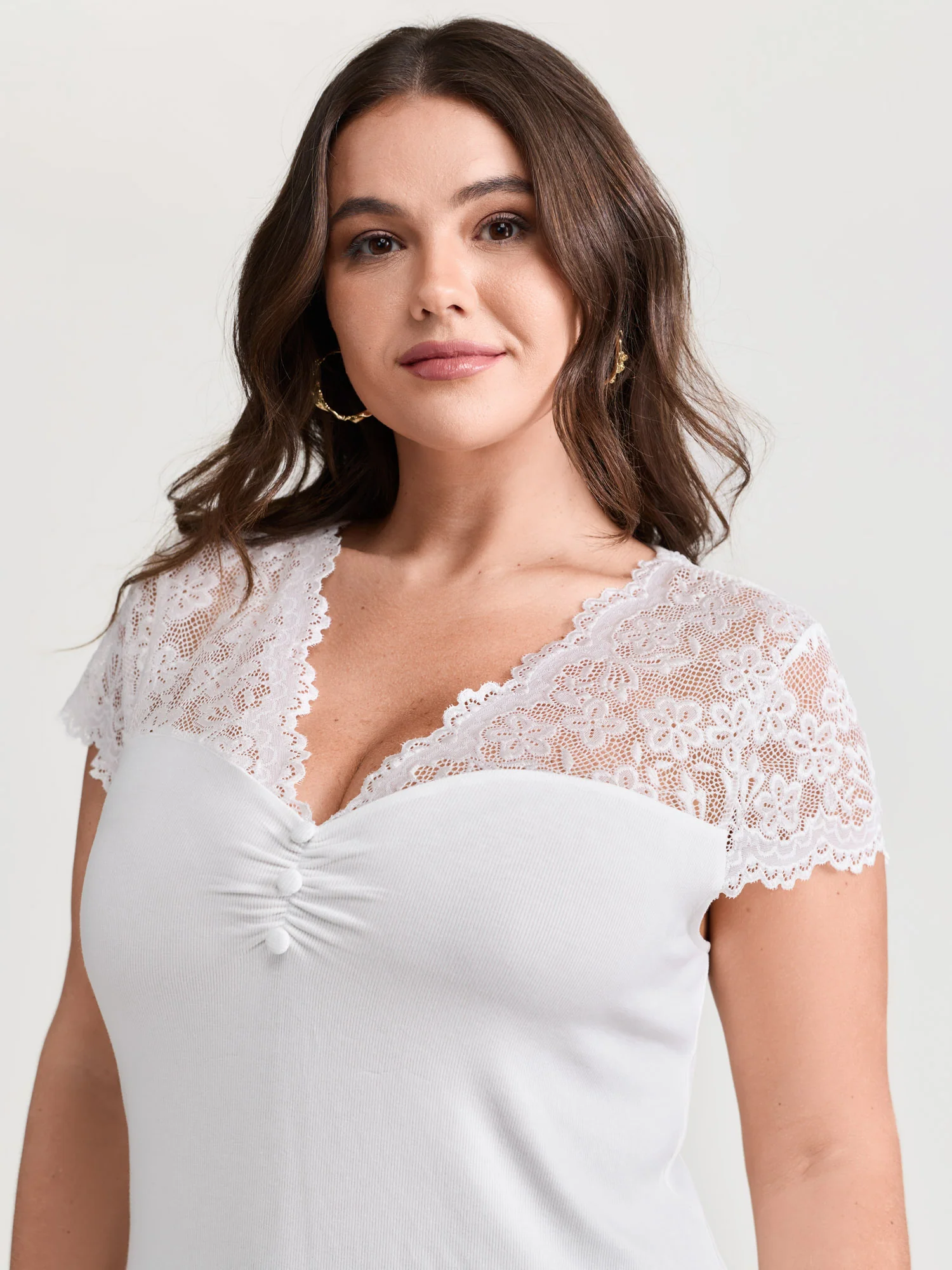 Sheer Lace Neckline Shirred Knit Top - Image 14