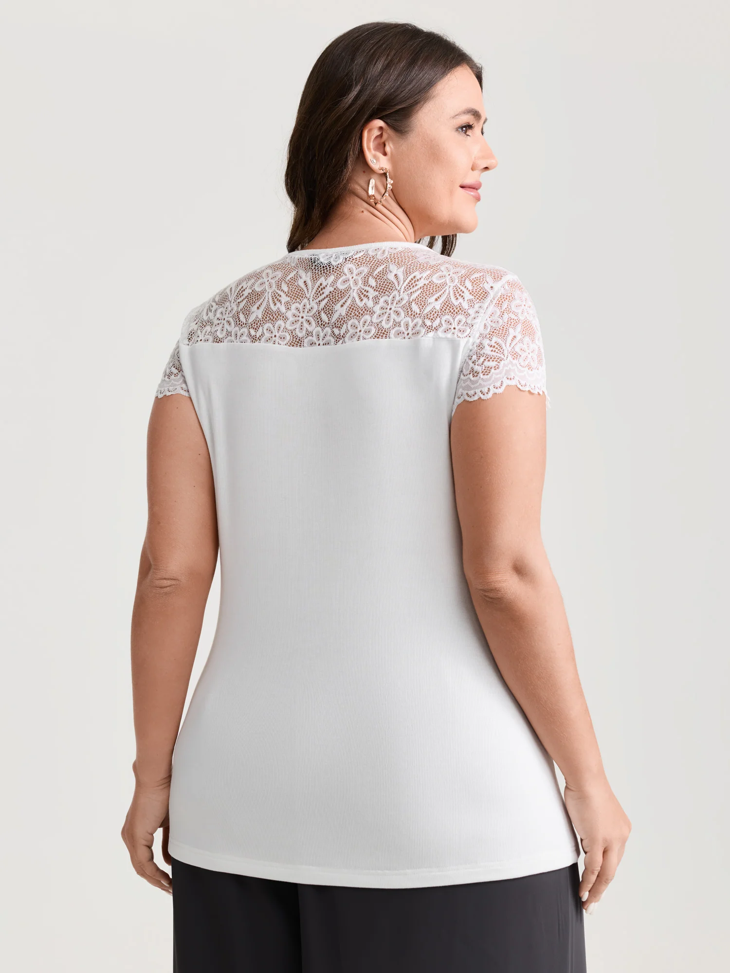 Sheer Lace Neckline Shirred Knit Top - Image 16