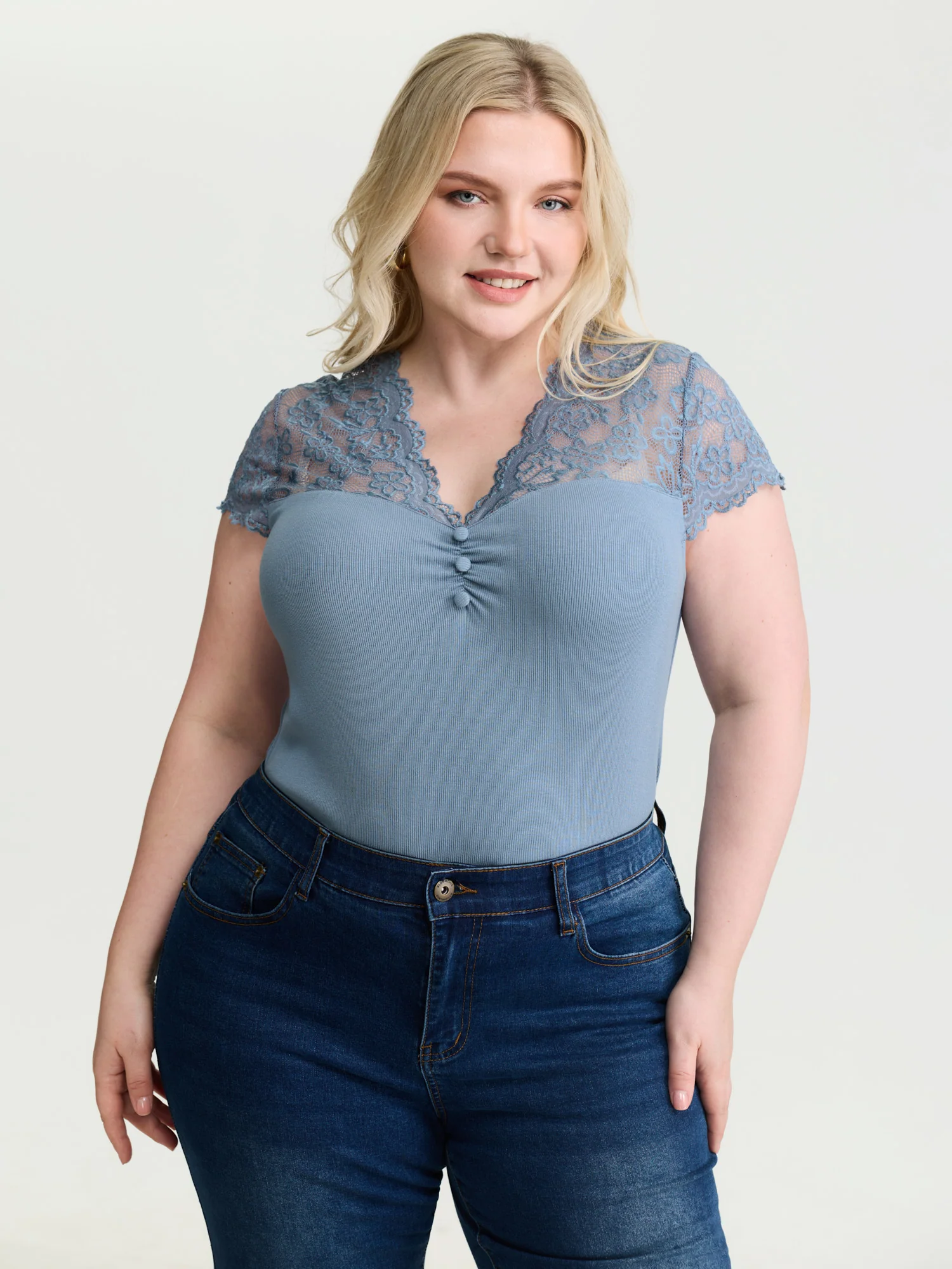 Sheer Lace Neckline Shirred Knit Top - Image 8